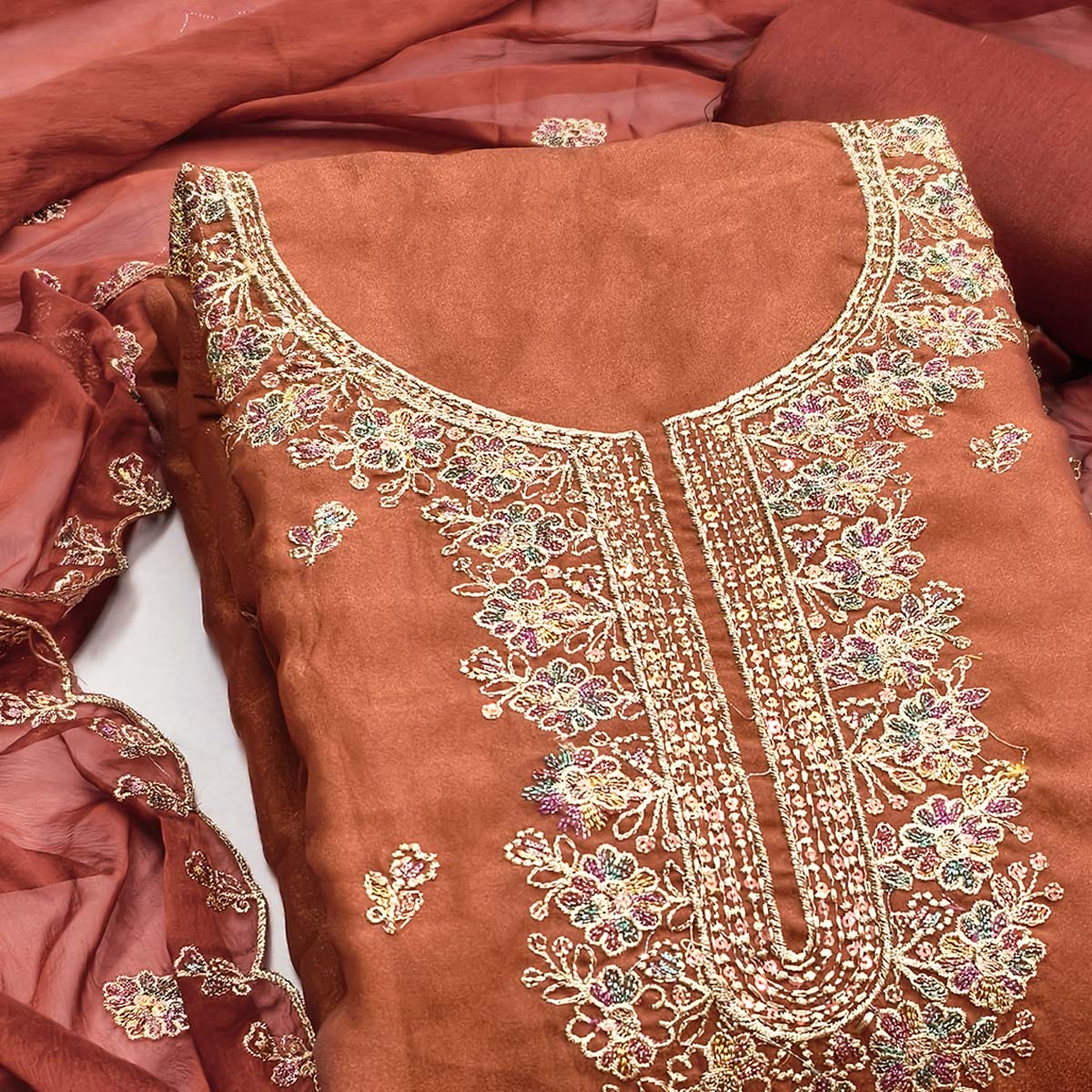 Graceful Rust Floral Sequins Embroidered With Handwork Georgette Dress Material - Image 2