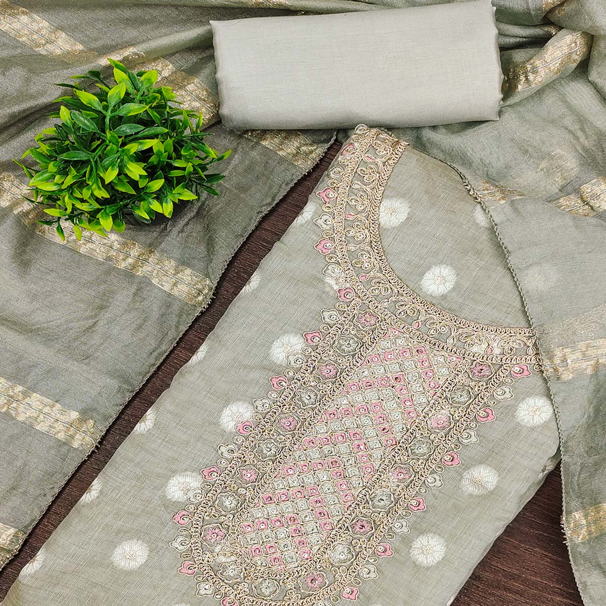 Graceful Sage Green Jacquard Dress Material Featuring Floral Weaving & Sequins Cording Embroidery - Image 2