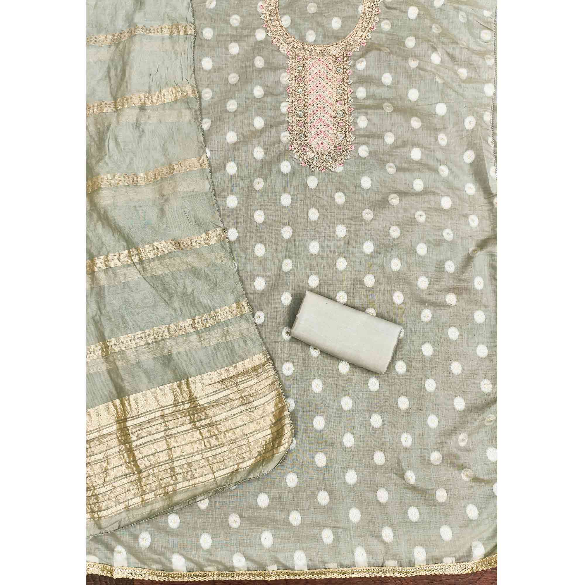 Graceful Sage Green Jacquard Dress Material Featuring Floral Weaving & Sequins Cording Embroidery - Image 3