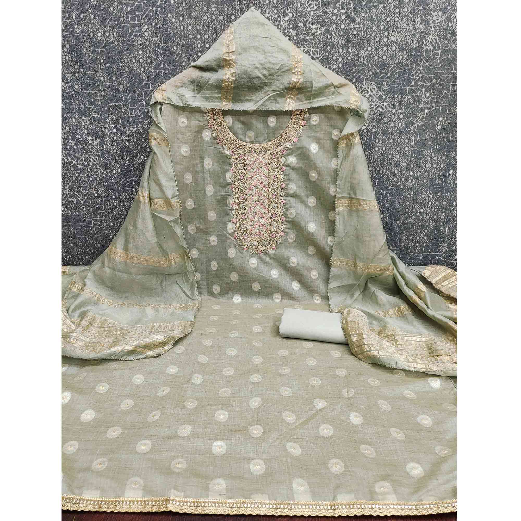 Graceful Sage Green Jacquard Dress Material Featuring Floral Weaving & Sequins Cording Embroidery - Image 4