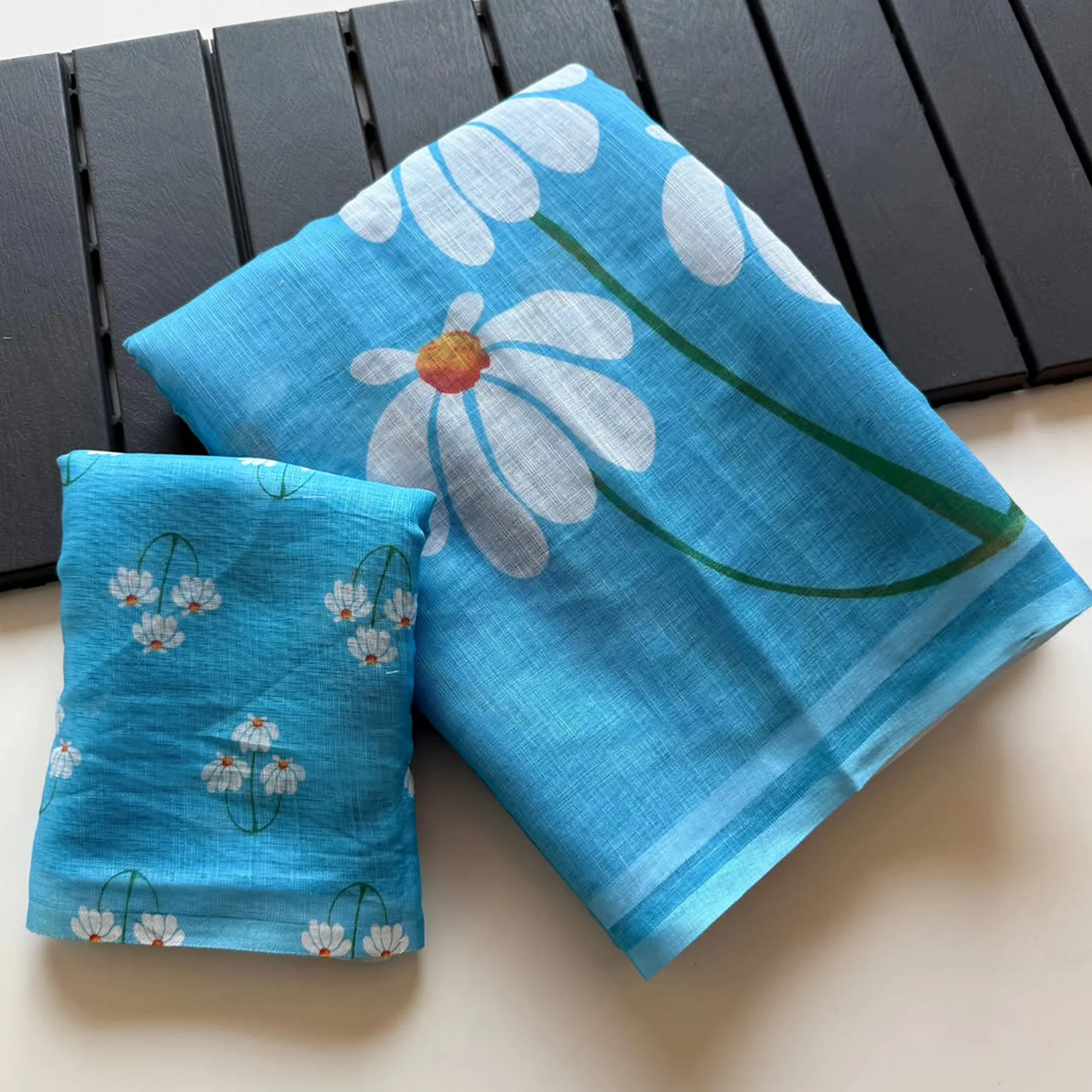 Graceful Sky Blue Linen Cotton Saree with Stylish Floral Prints for Effortless Elegance - Image 3
