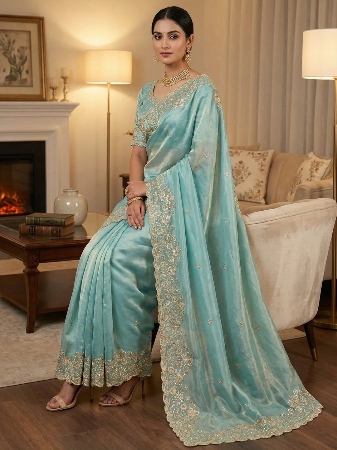 Graceful Sky Blue Organza Satin Silk Saree with Fine Embroidery & Blouse