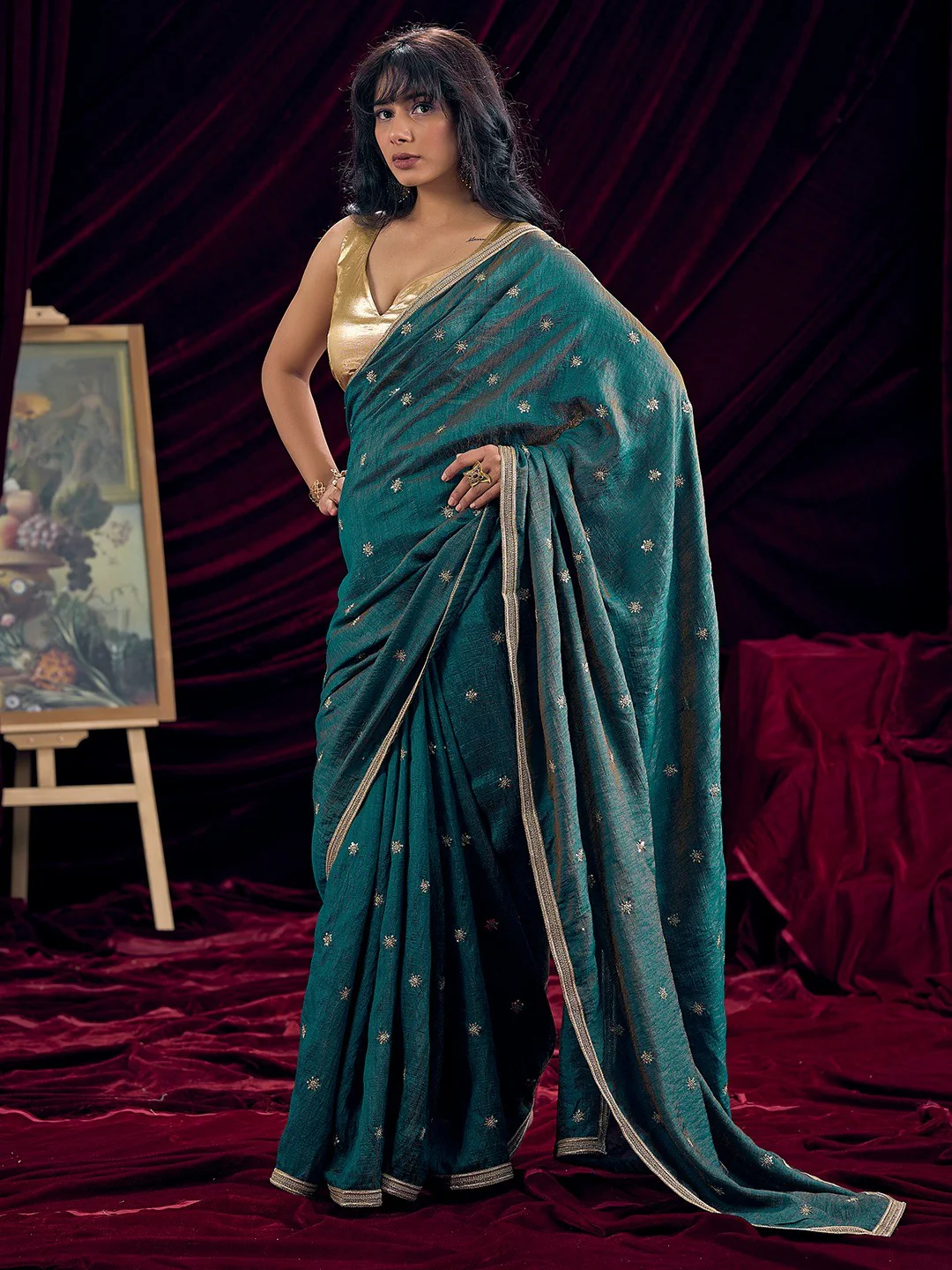 Graceful Teal Art Silk Saree Featuring Floral Sequins Embroidery & Lace Border - Image 2