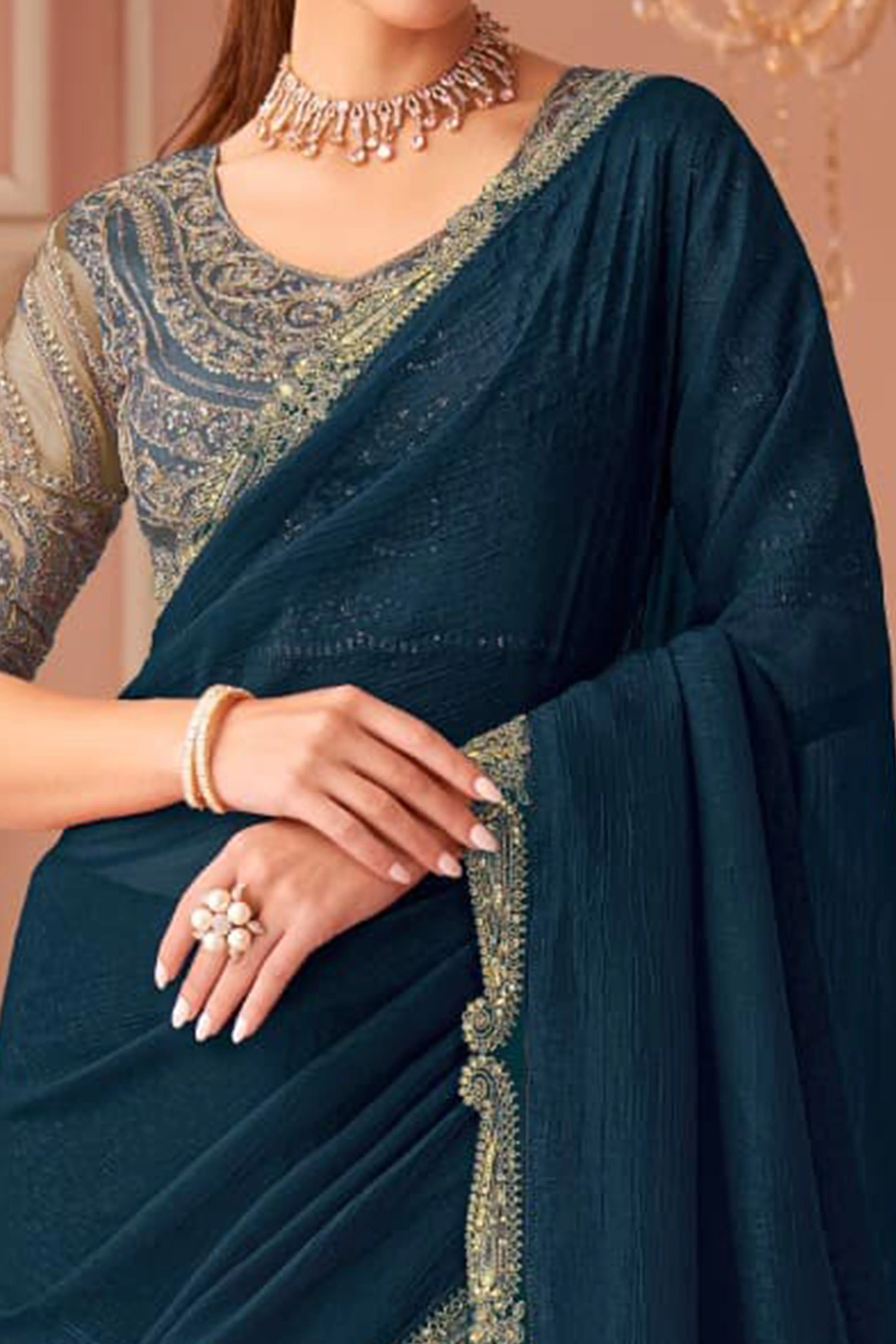 Graceful Teal Georgette Saree with Intricate Sequin Embroidery Detailing - Image 2