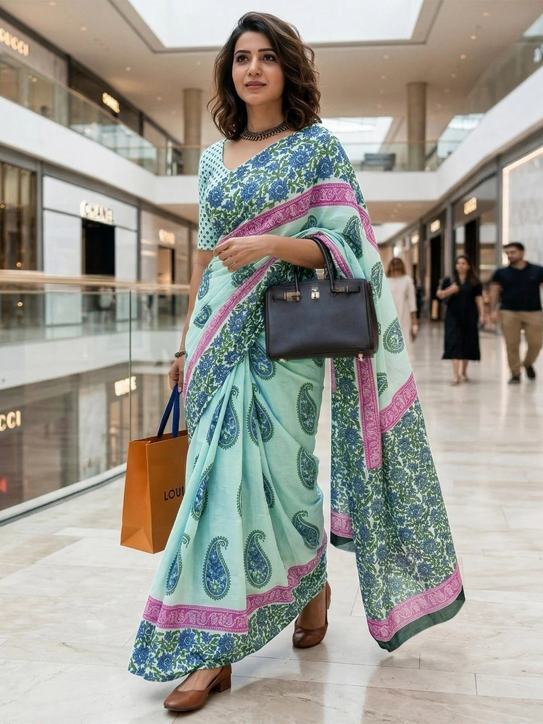 Graceful Turquoise & Blue Floral Printed Mulmul Cotton Saree With Paisley Motif