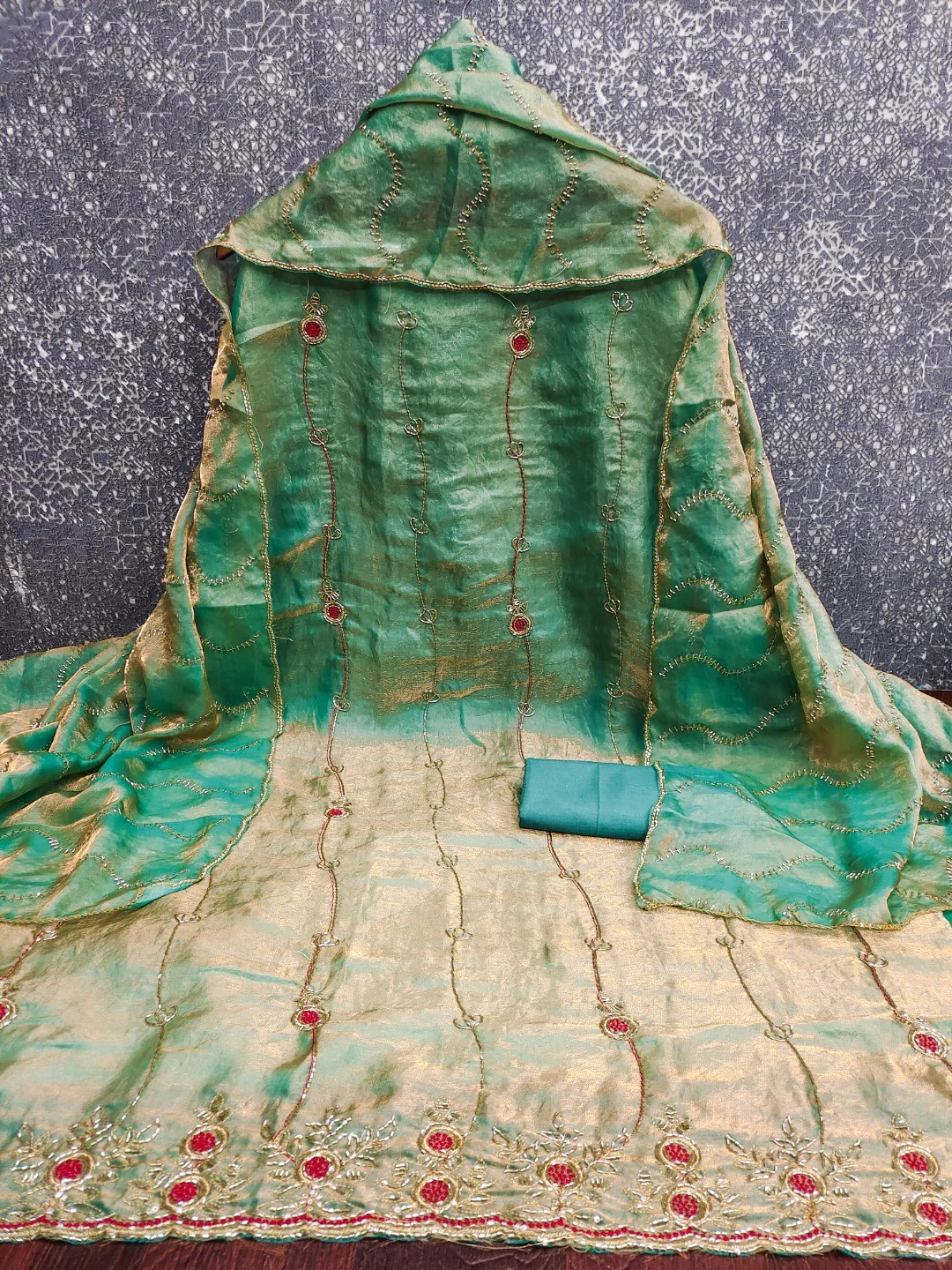 Graceful Turquoise Floral Beads Embroidery Work Fendy Silk Blend Dress Material - Image 4