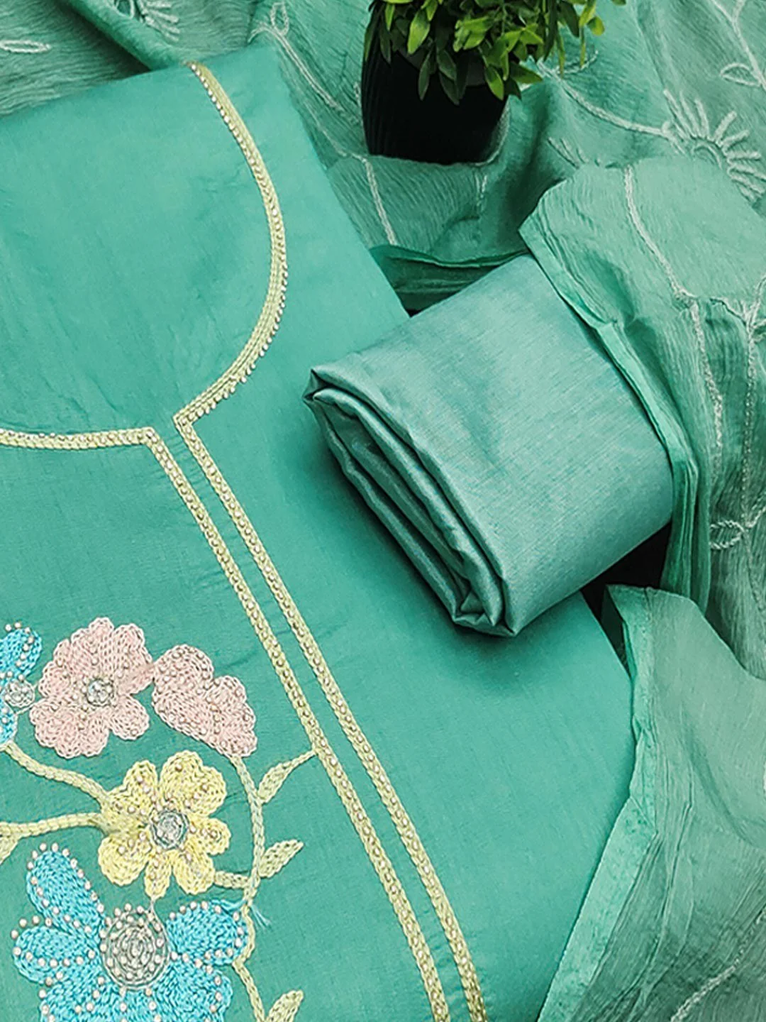 Graceful Turquoise Floral Embroidered Roman Art Silk Dress Material Adorned With Swarovski Work - Image 4