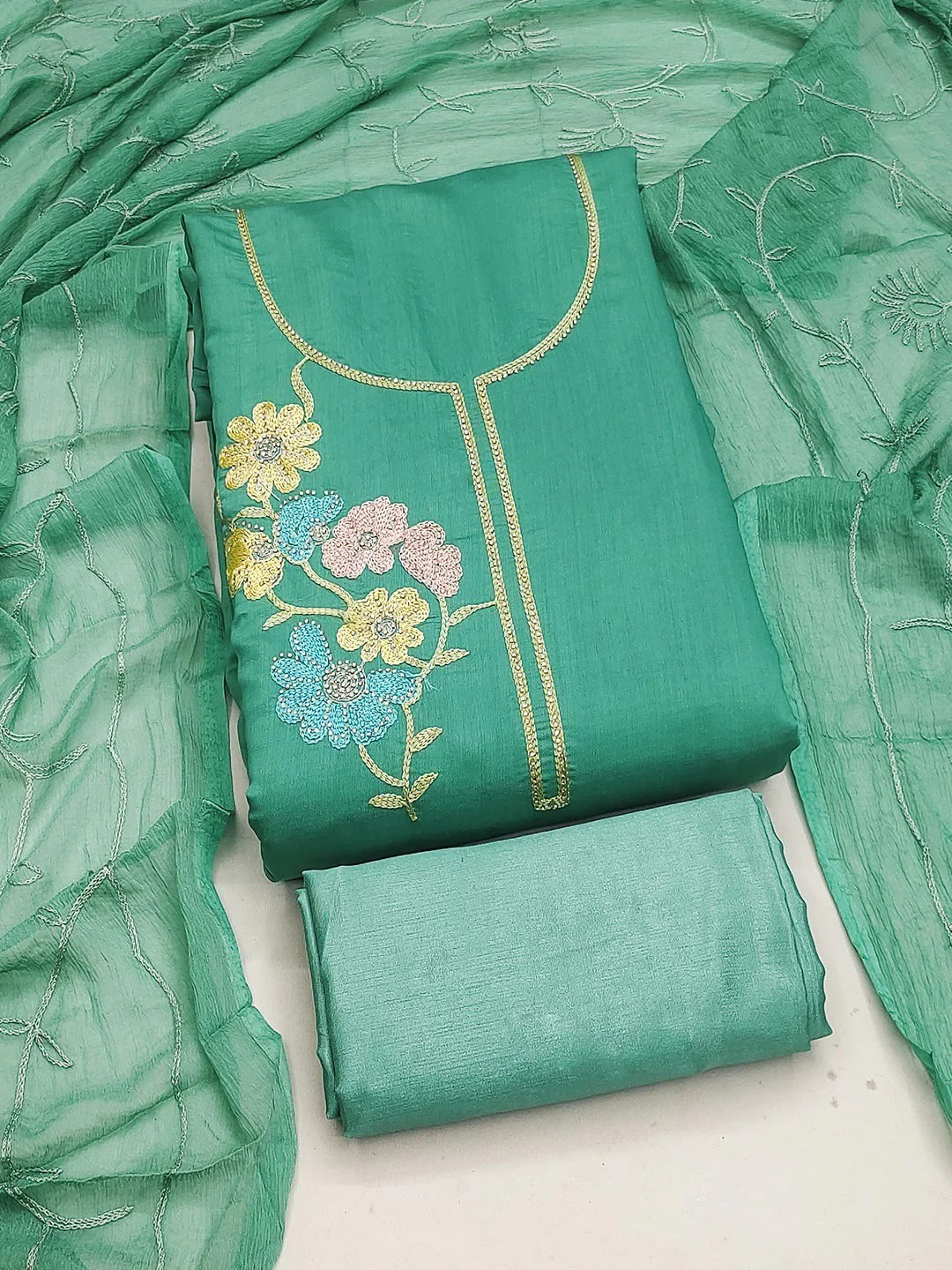 Graceful Turquoise Floral Embroidered Roman Art Silk Dress Material Adorned With Swarovski Work - Image 5