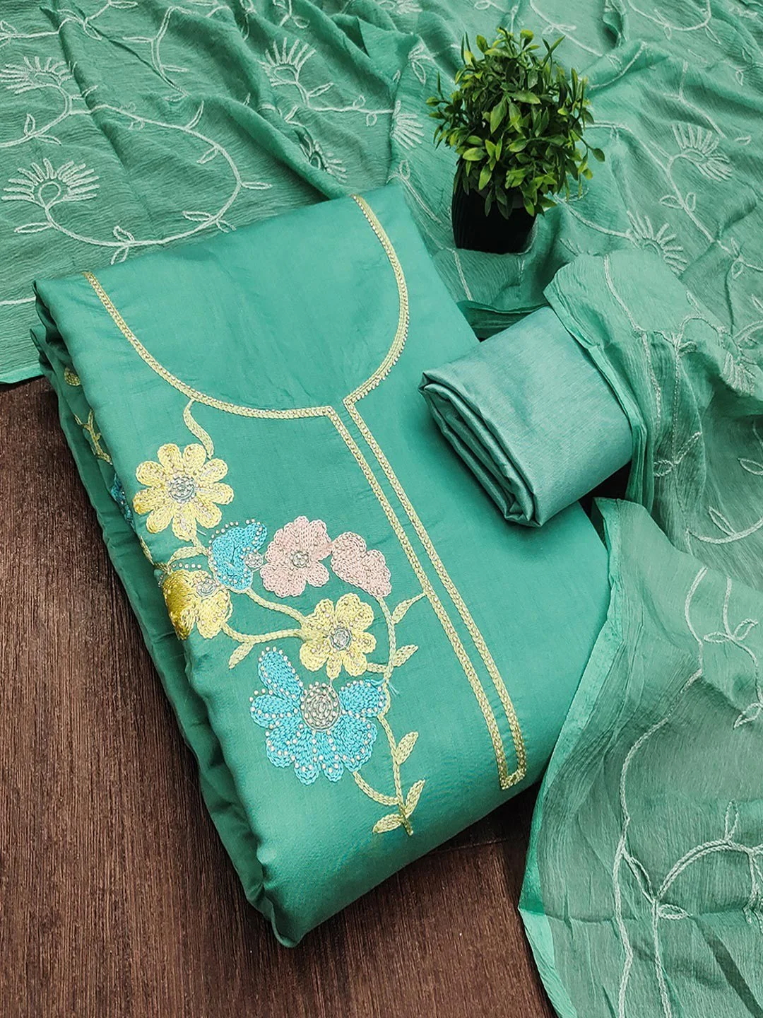 Graceful Turquoise Floral Embroidered Roman Art Silk Dress Material Adorned With Swarovski Work - Image 6