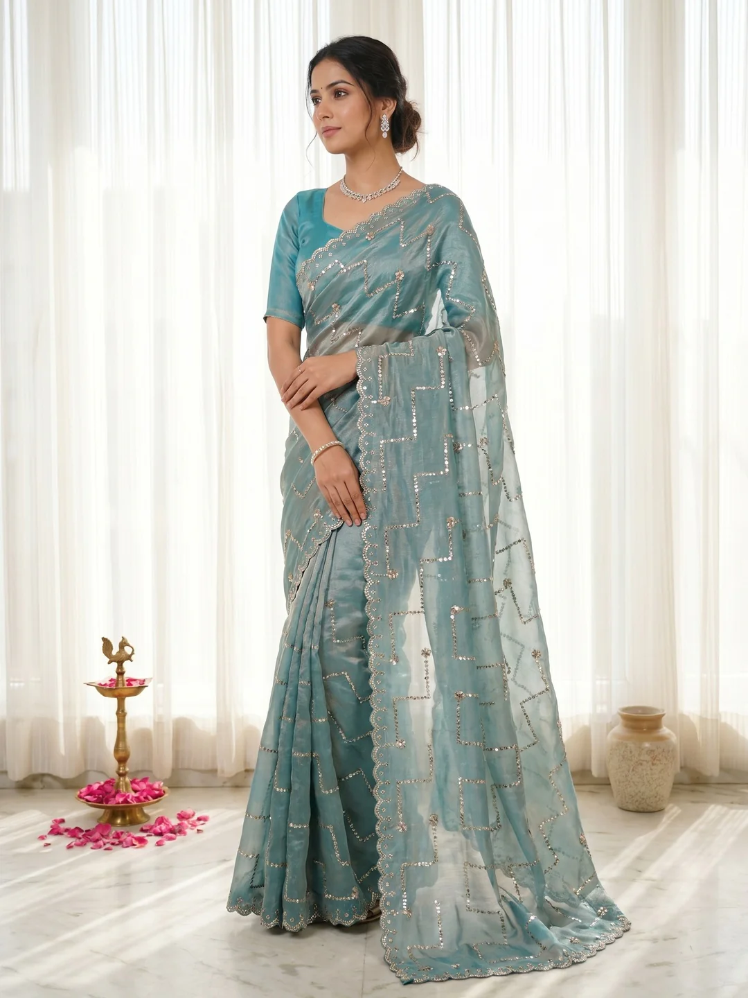 Graceful Turquoise Sequins With Detailed Beads & Stone Work Organza Satin Silk Saree