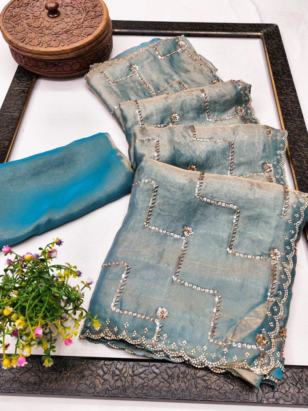 Graceful Turquoise Sequins With Detailed Beads & Stone Work Organza Satin Silk Saree - Image 3