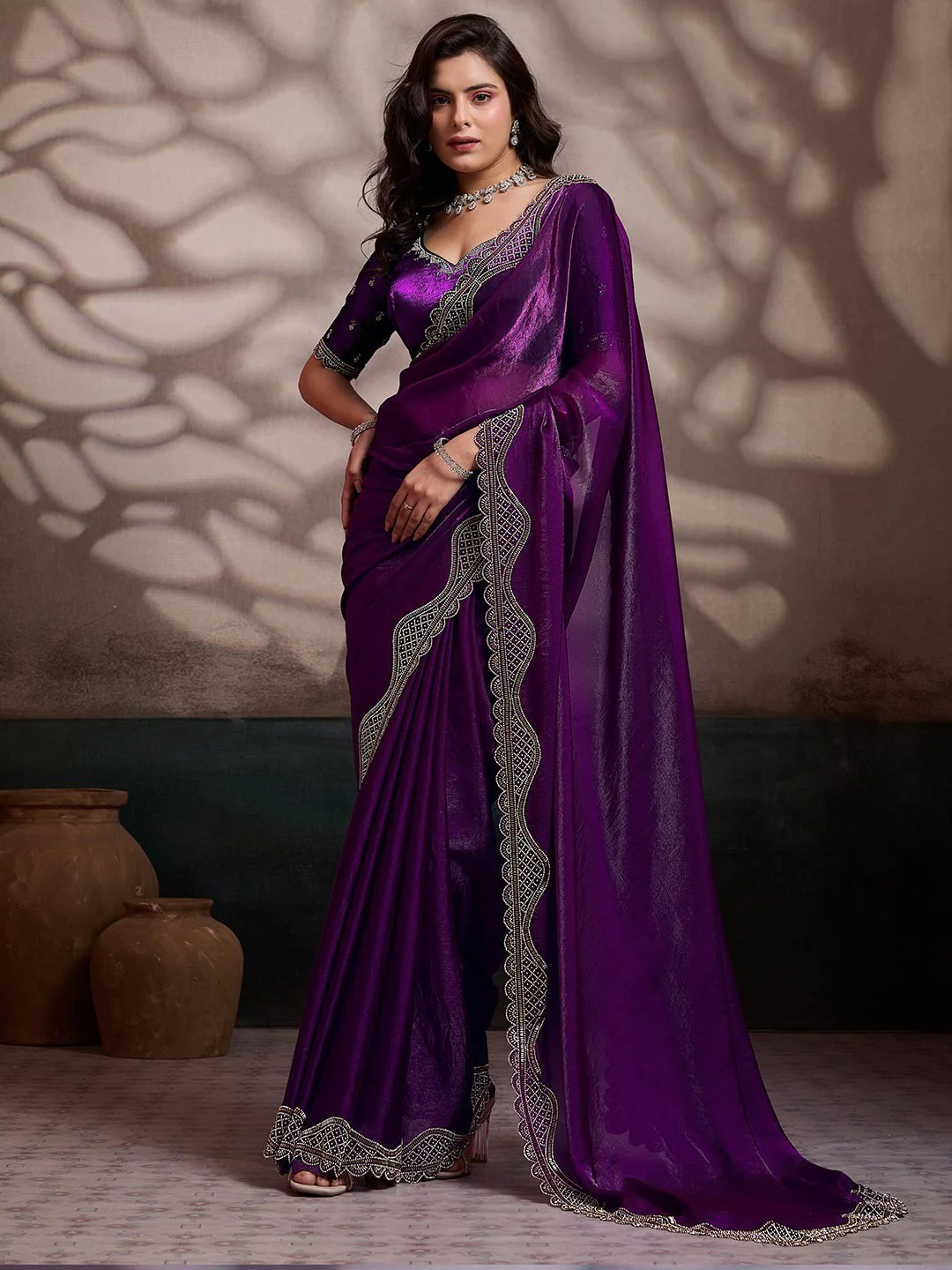 Graceful Violet Solid Velvet Satin Saree With Intricate Handcrafted Cutdana & Zarkan Border