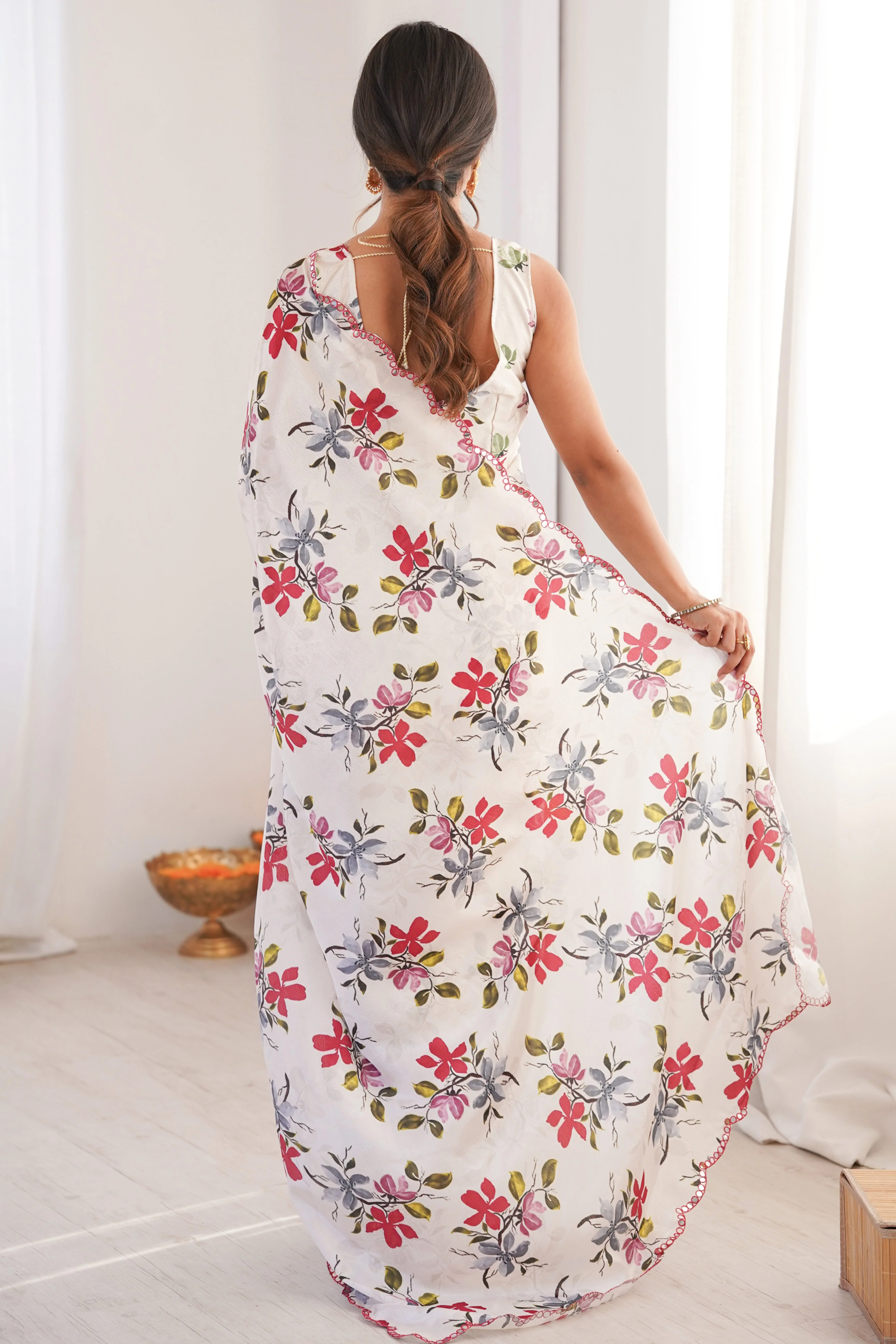 Graceful White Floral Digital Print Chinon Saree With Delicate Embroidered Border Detailing - Image 5