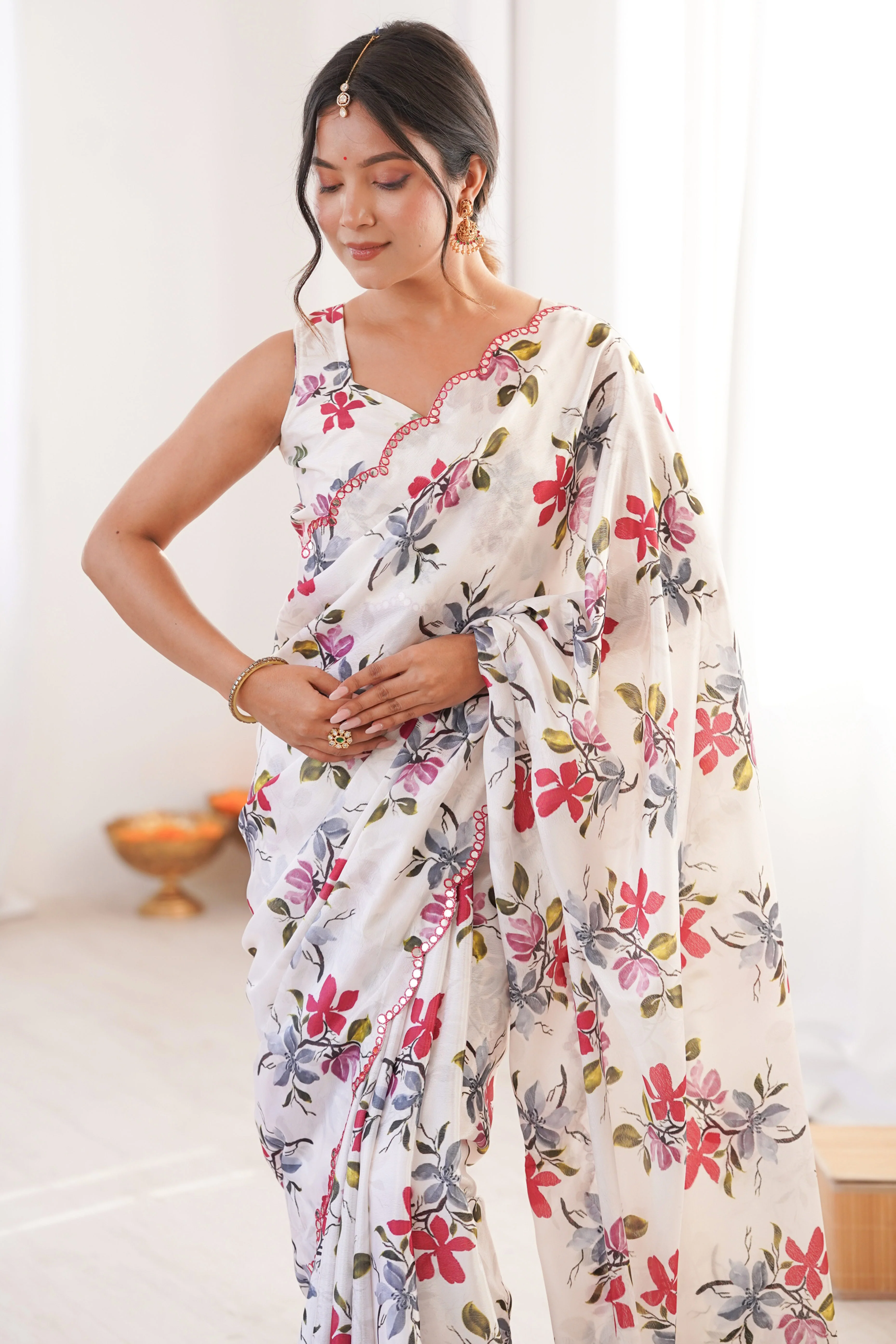 Graceful White Floral Digital Print Chinon Saree With Delicate Embroidered Border Detailing - Image 6