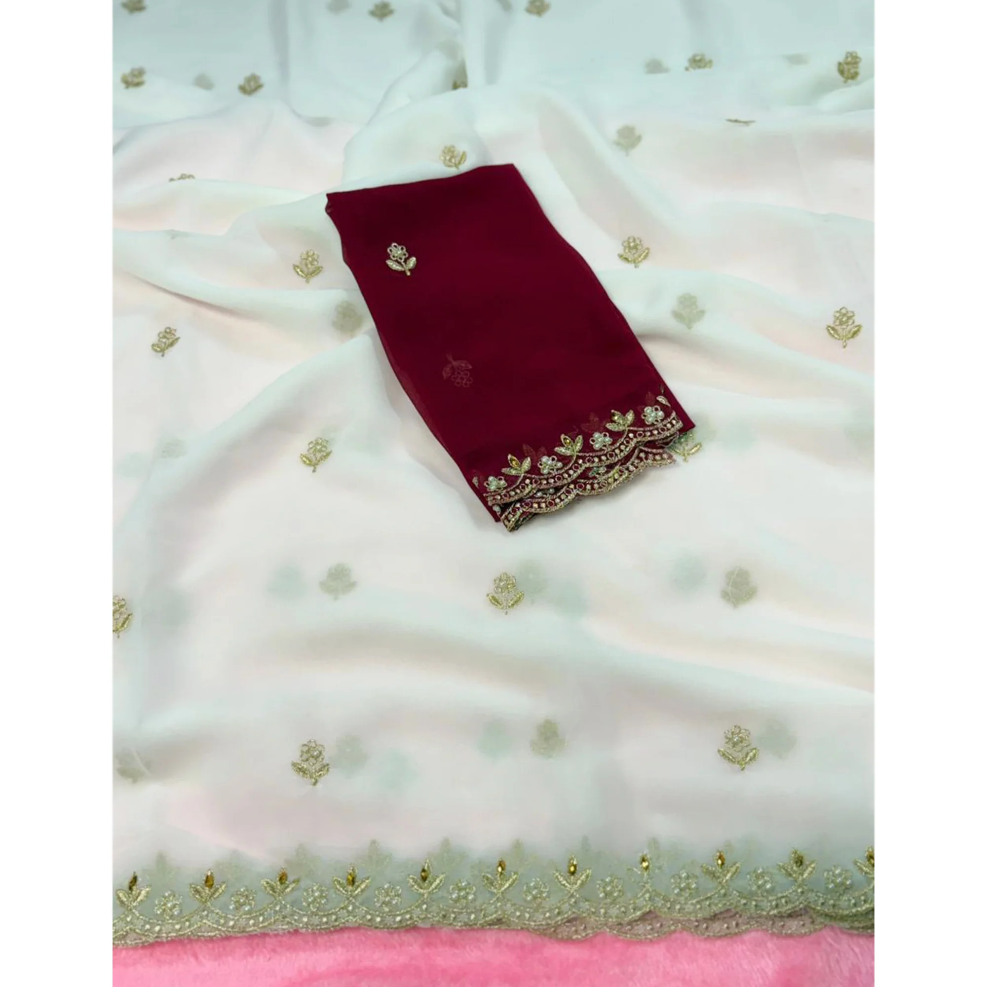 Graceful White Georgette Saree Adorned With Floral Embroidery & Moti Beads Detailing - Image 5