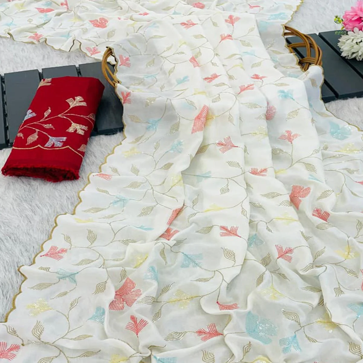 Graceful White Vichitra Silk Saree Adorned With Floral Sequins Embroidery & Golden Arco Border - Image 2