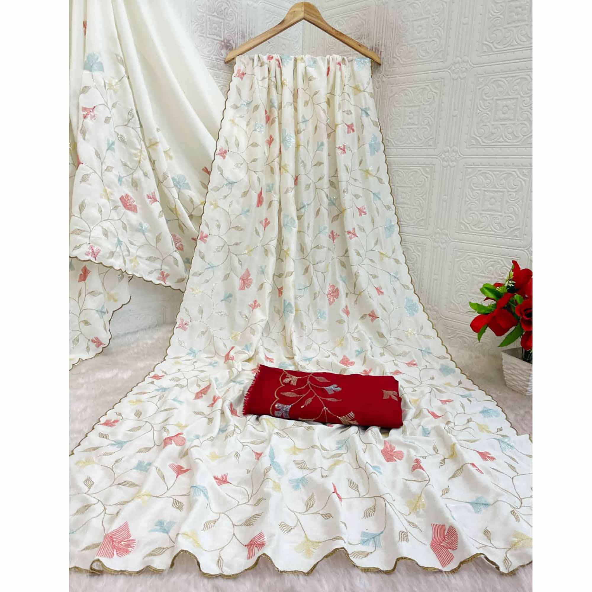 Graceful White Vichitra Silk Saree Adorned With Floral Sequins Embroidery & Golden Arco Border - Image 5