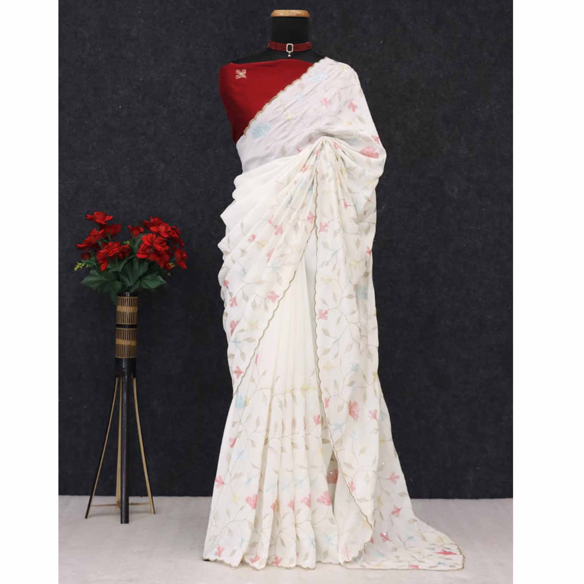 Graceful White Vichitra Silk Saree Adorned With Floral Sequins Embroidery & Golden Arco Border - Image 7