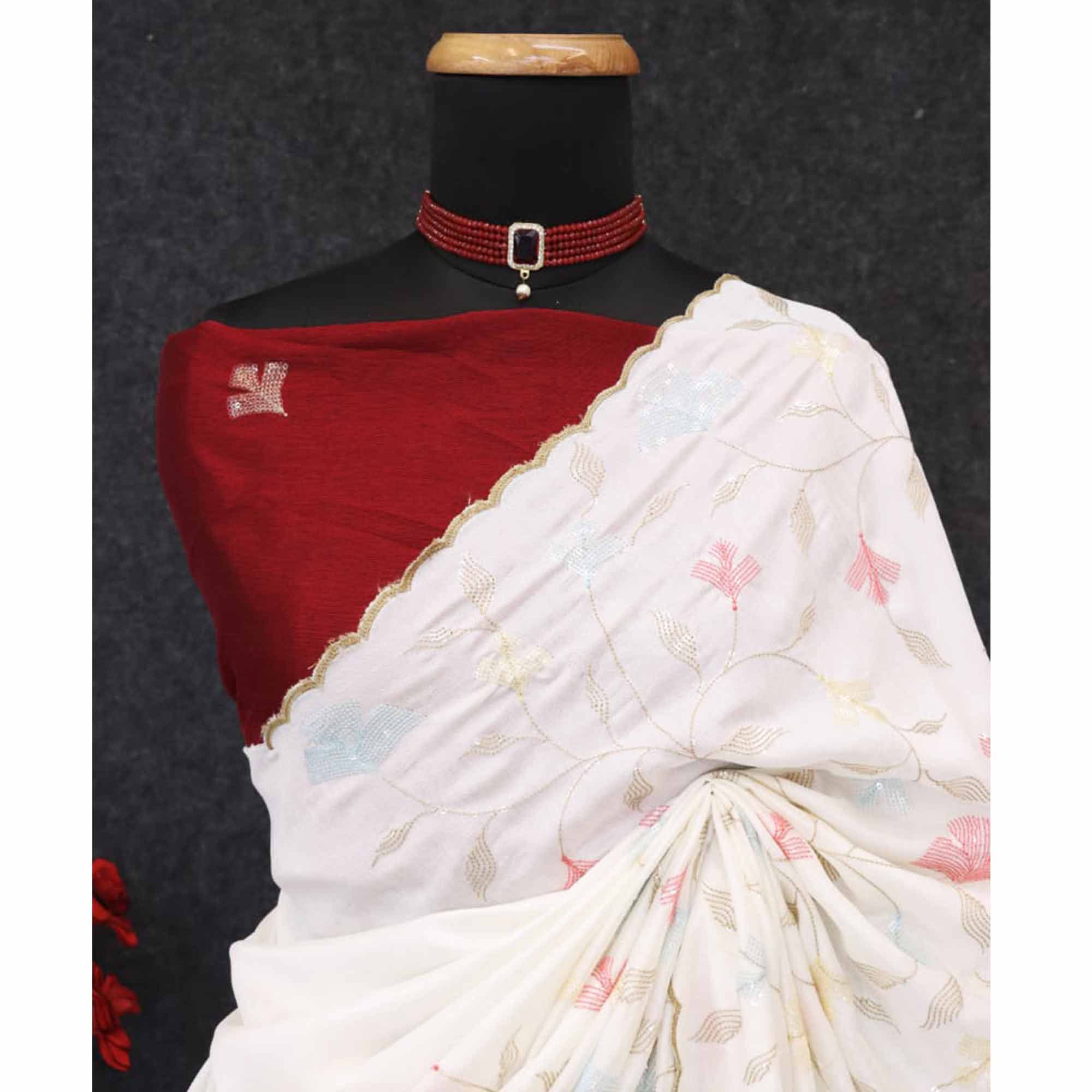 Graceful White Vichitra Silk Saree Adorned With Floral Sequins Embroidery & Golden Arco Border - Image 8