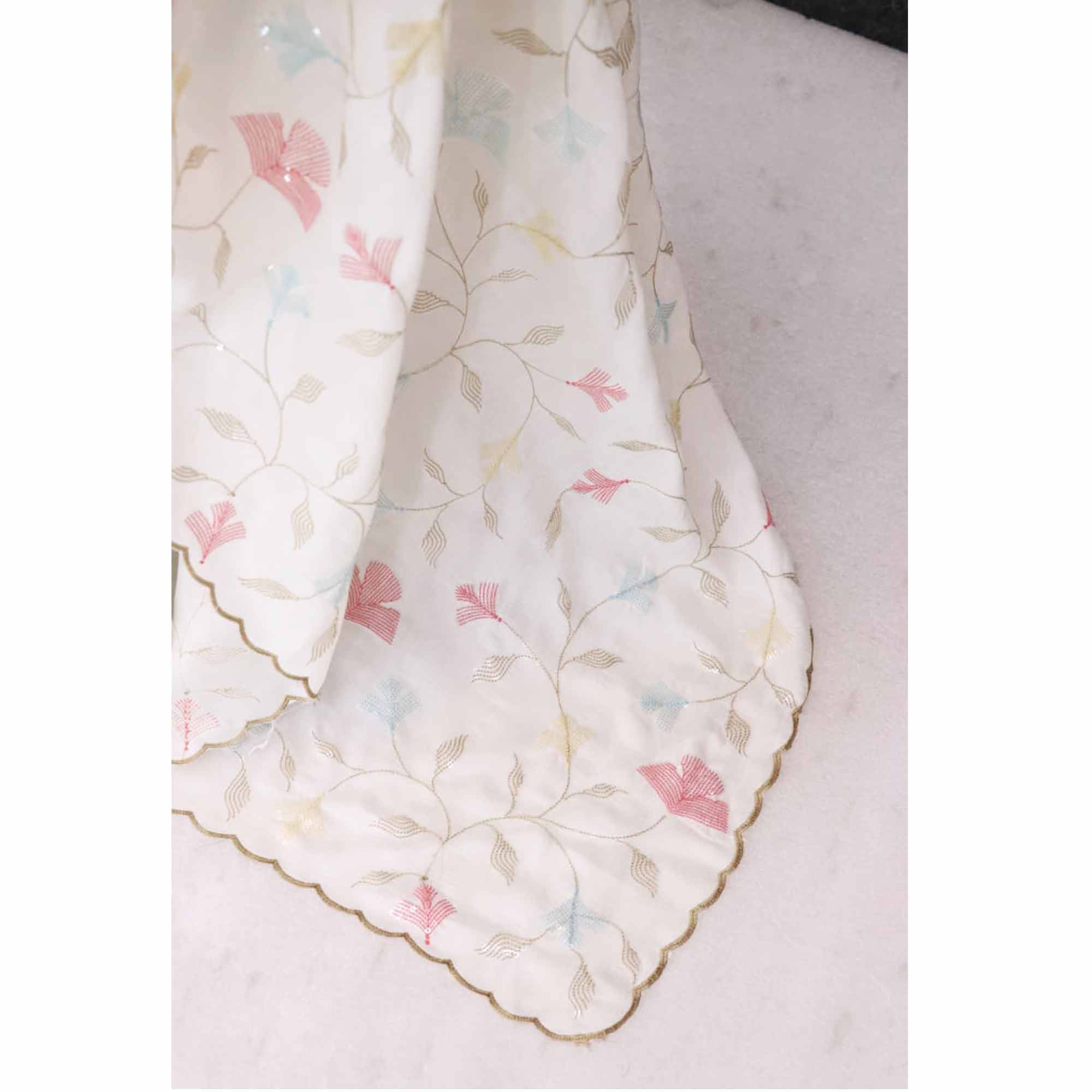 Graceful White Vichitra Silk Saree Adorned With Floral Sequins Embroidery & Golden Arco Border - Image 9