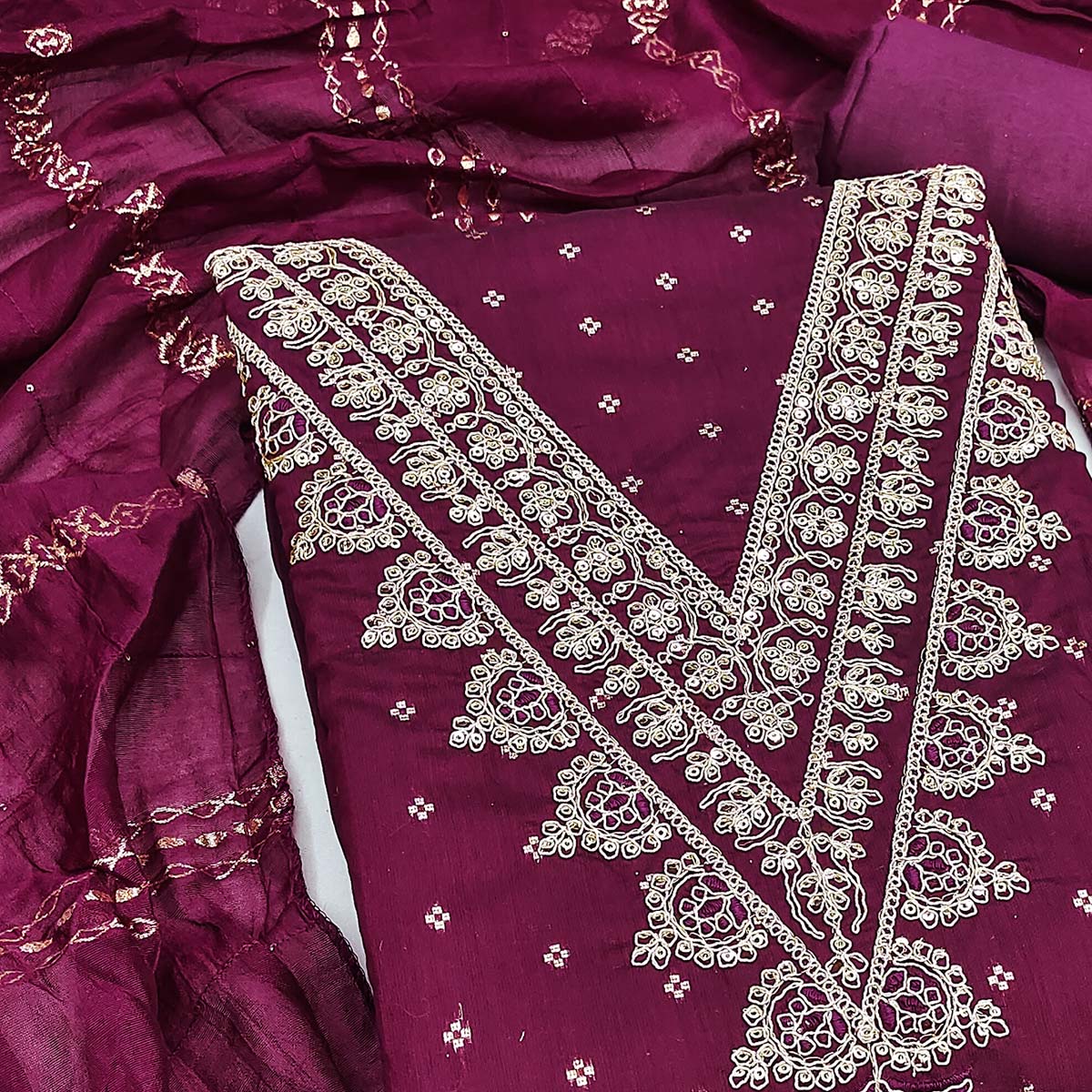 Graceful Wine Butti Motif Chanderi Silk Dress Material Featuring Floral Cording Embroidery Work - Image 2