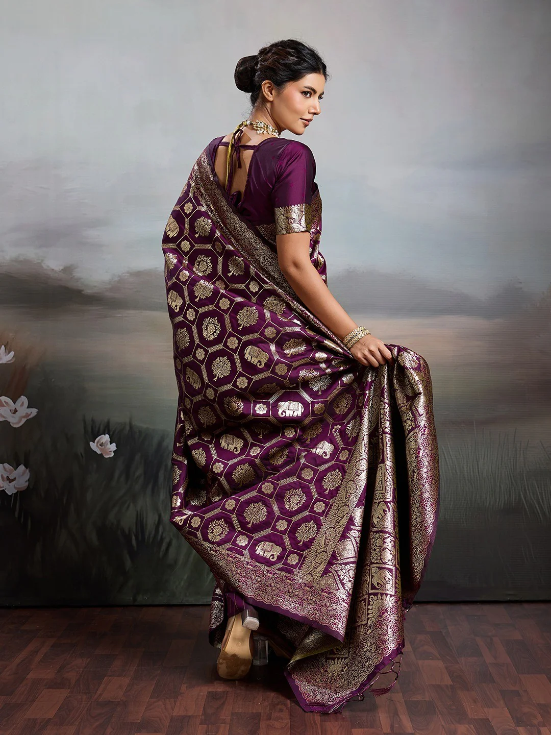 Graceful Wine Floral & Elephant Motif Silk Blend Saree With Zari Weaving & Tassels Pallu - Image 5