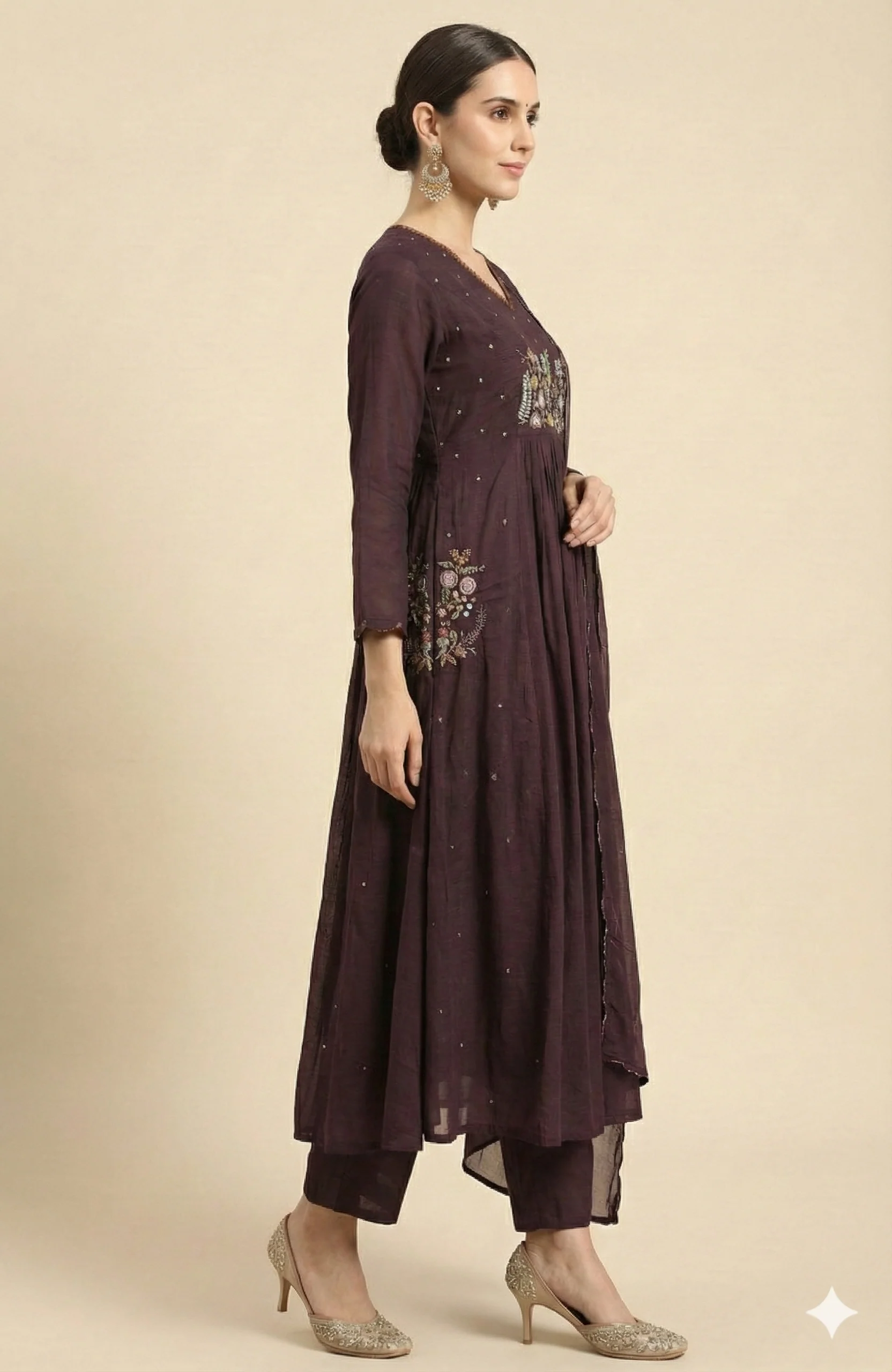 Graceful Wine Floral Embroidered Pure Cotton A-Line Salwar Suit for Ethnic Wear - Image 4