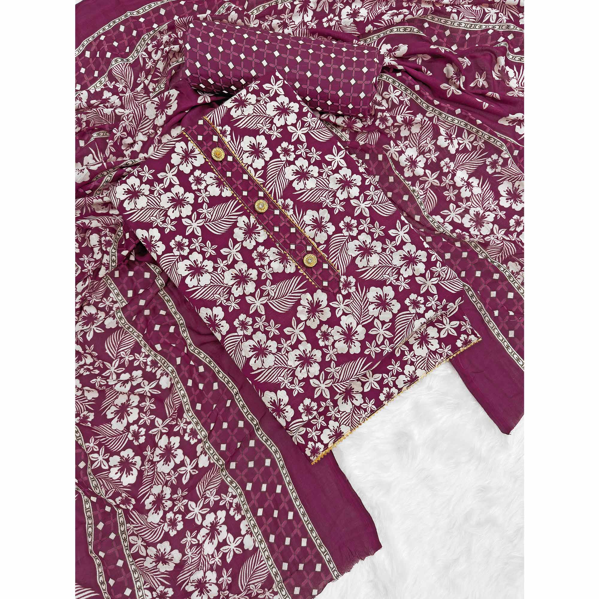 Graceful Wine Floral Printed Cotton Blend Dress Material With Lace Border - Image 3