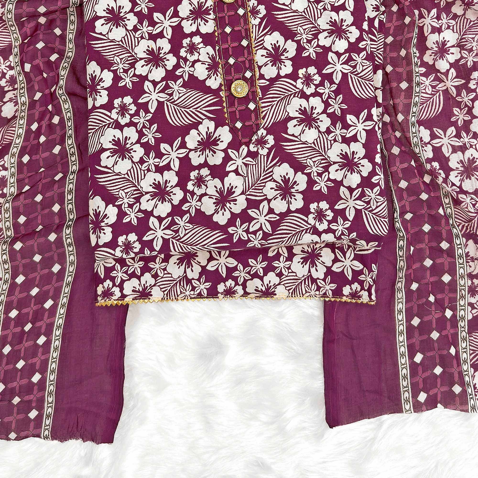 Graceful Wine Floral Printed Cotton Blend Dress Material With Lace Border - Image 4