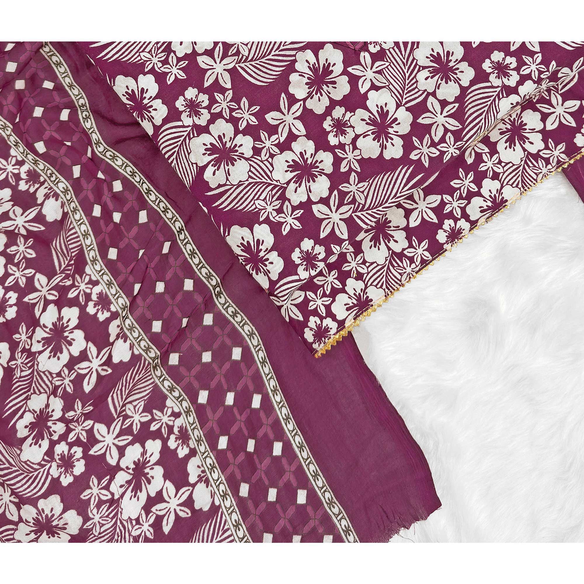 Graceful Wine Floral Printed Cotton Blend Dress Material With Lace Border - Image 5