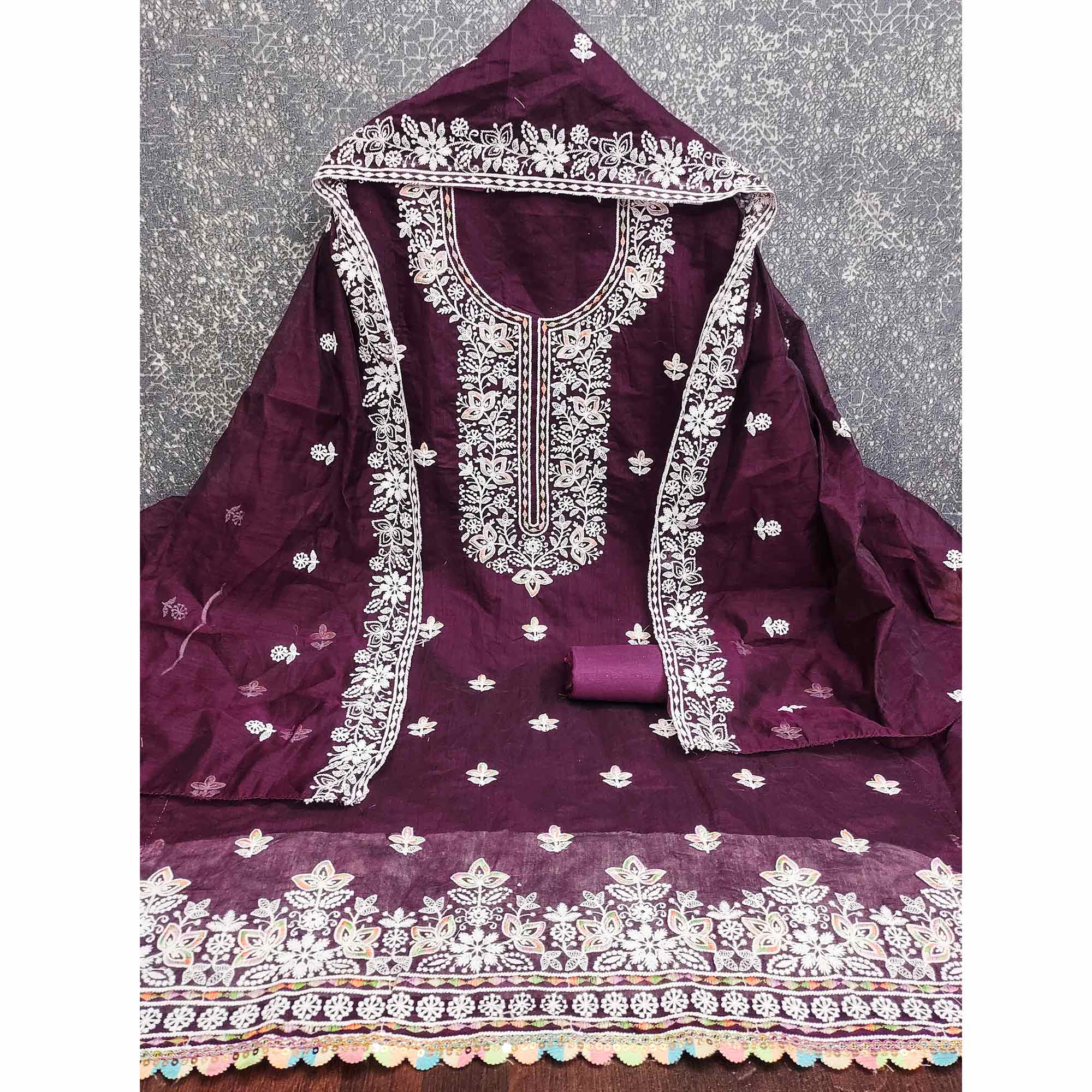 Graceful Wine Floral Thread Embroidery Chanderi Silk Designer Dress Material - Image 2