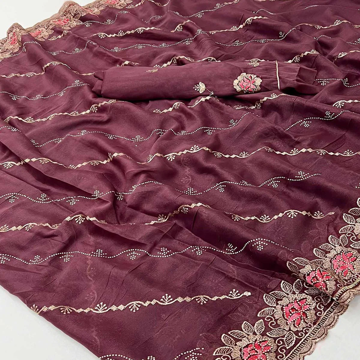 Graceful Wine Floral Thread & Zari Embroidered Georgette Saree - Image 2