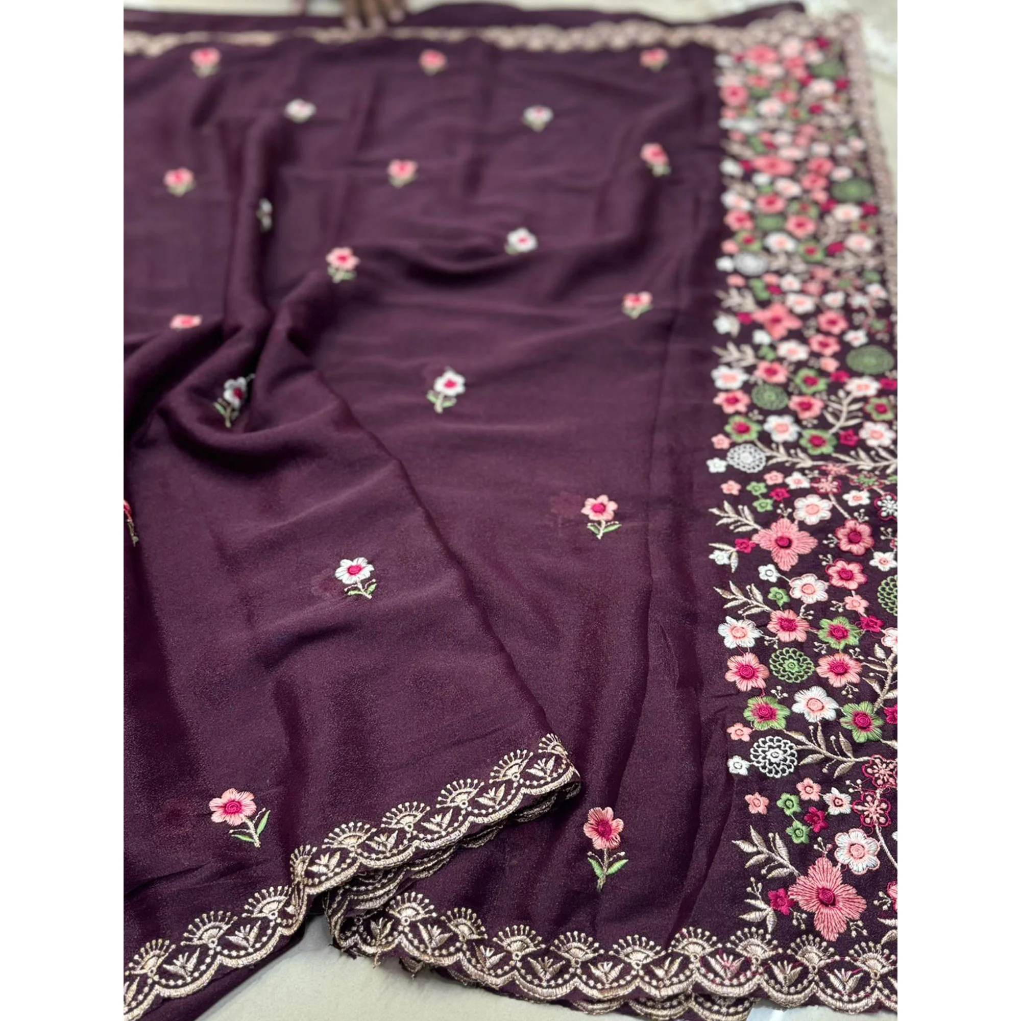 Graceful Wine Georgette Saree Featuring Exquisite Floral Thread Embroidery Work - Image 3
