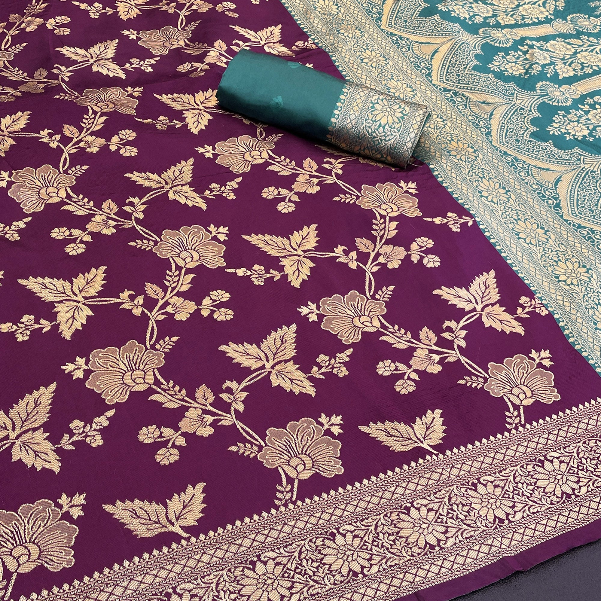 Graceful Wine & Rama Banarasi Silk Saree Featuring Intricate Floral Zari Weaving Work - Image 2