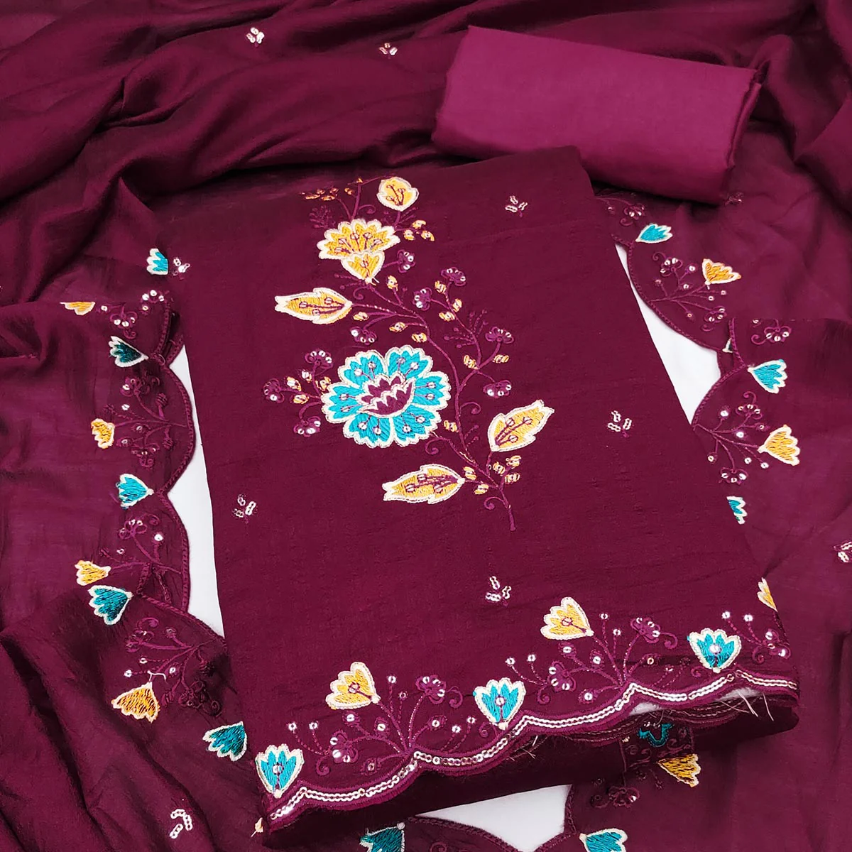 Graceful Wine Vichitra Silk Dress Material Adorned With Floral Thread Embroidery & Sequins Work - Image 2