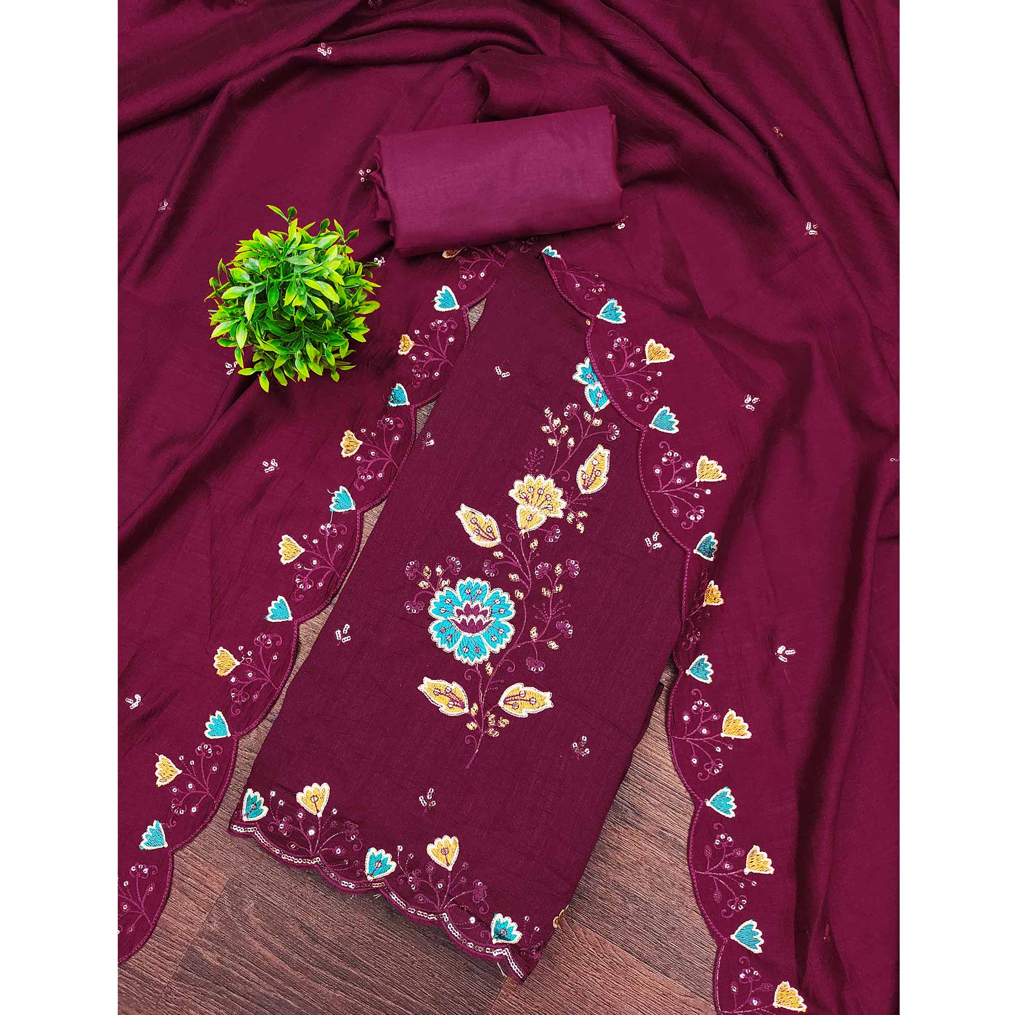 Graceful Wine Vichitra Silk Dress Material Adorned With Floral Thread Embroidery & Sequins Work - Image 3