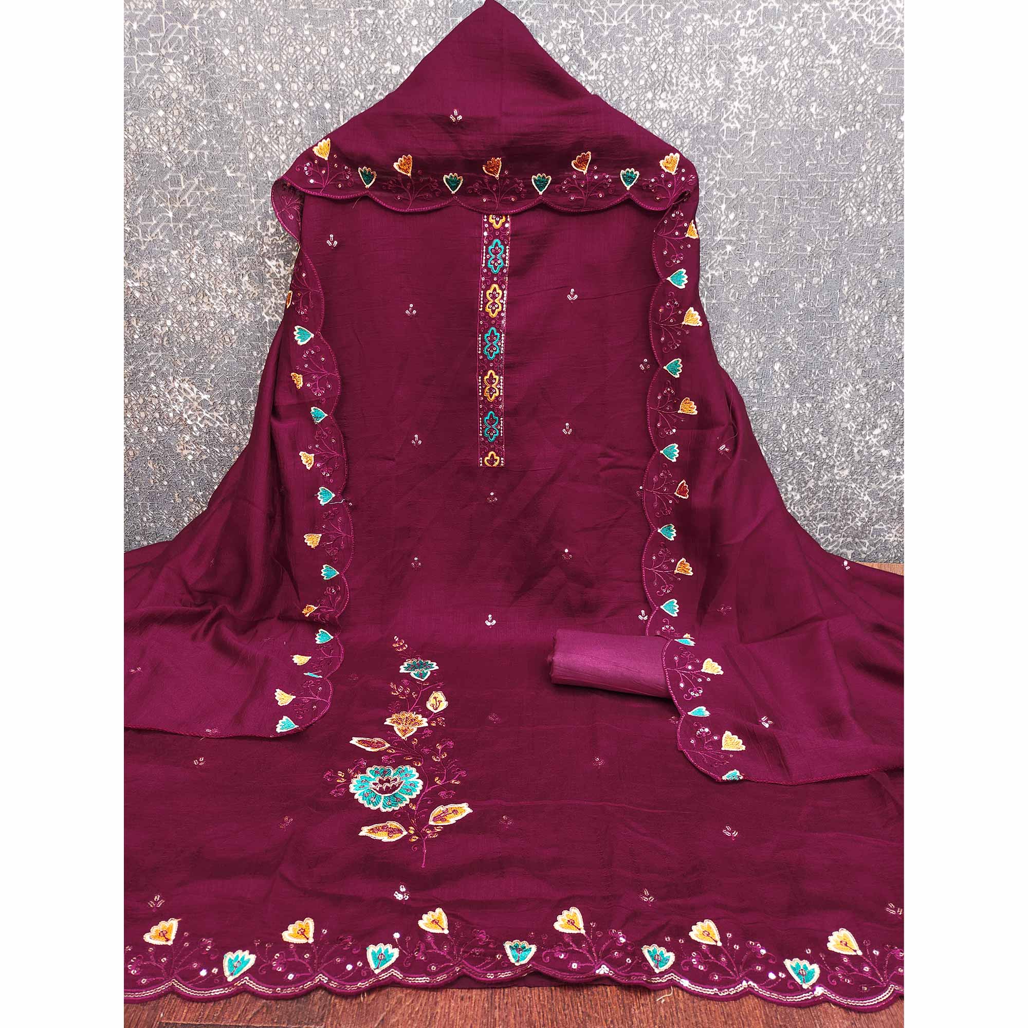 Graceful Wine Vichitra Silk Dress Material Adorned With Floral Thread Embroidery & Sequins Work - Image 4