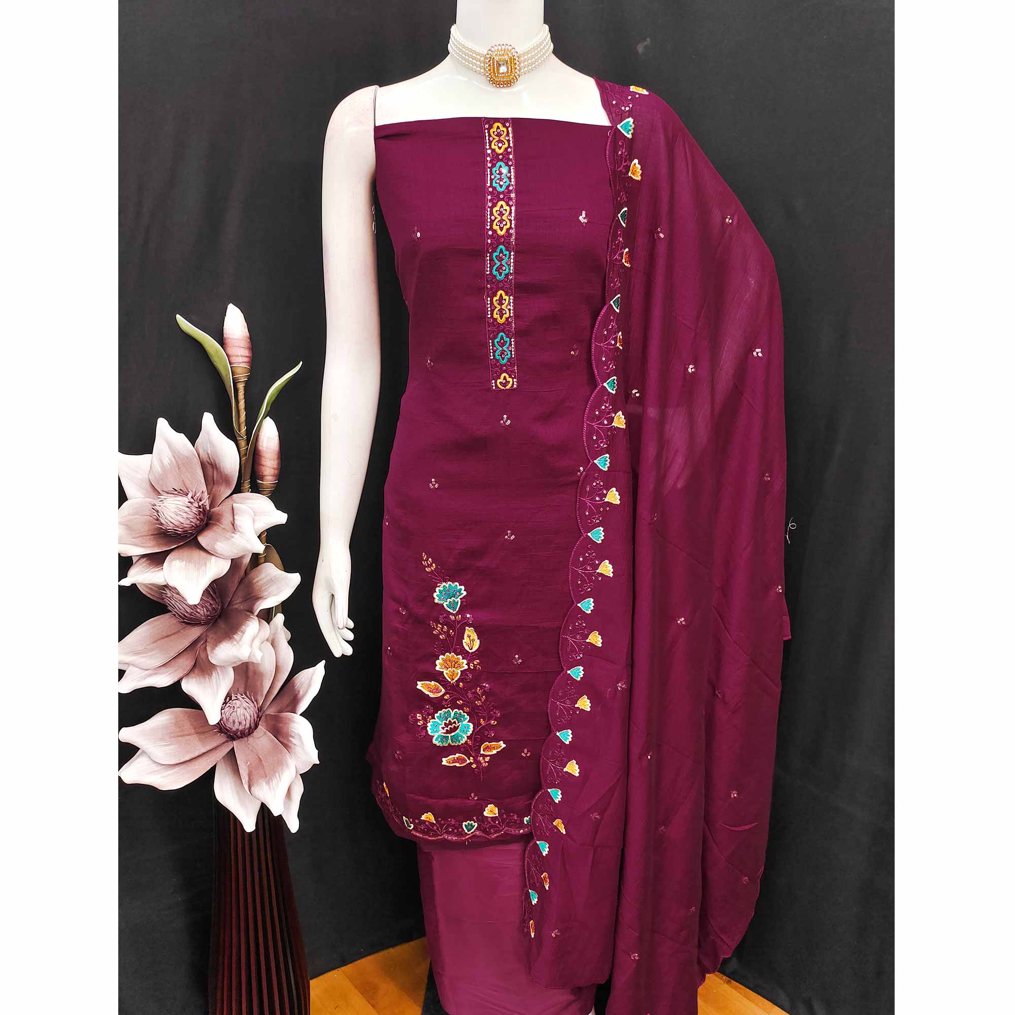 Graceful Wine Vichitra Silk Dress Material Adorned With Floral Thread Embroidery & Sequins Work - Image 5