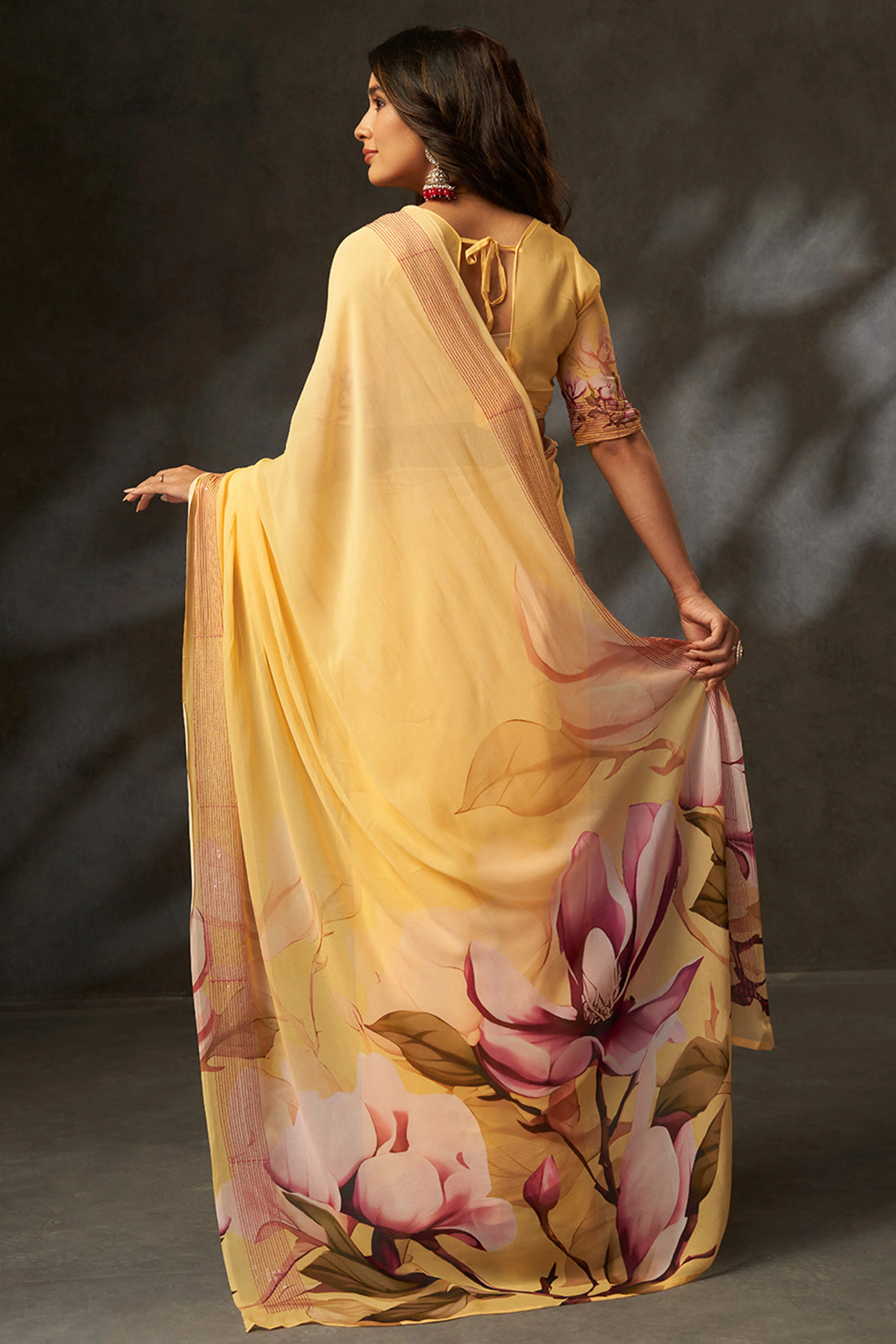 Graceful Yellow Floral Digital Print Saree in Georgette With Artistic Crochet Border Work - Image 4