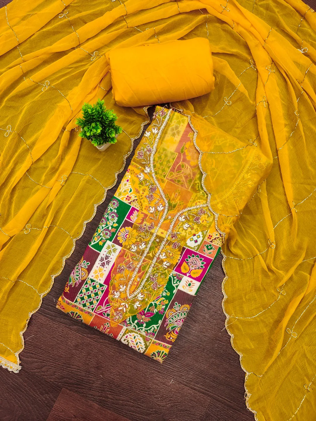 Graceful Yellow Floral Weaving Viscose Banarasi Dress Material Adorned With Moti & Sequins Work - Image 3