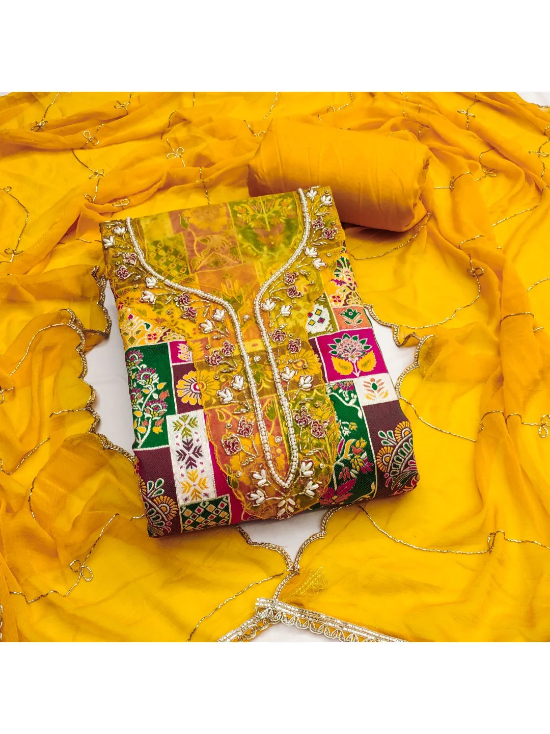 Graceful Yellow Floral Weaving Viscose Banarasi Dress Material Adorned With Moti & Sequins Work - Image 4