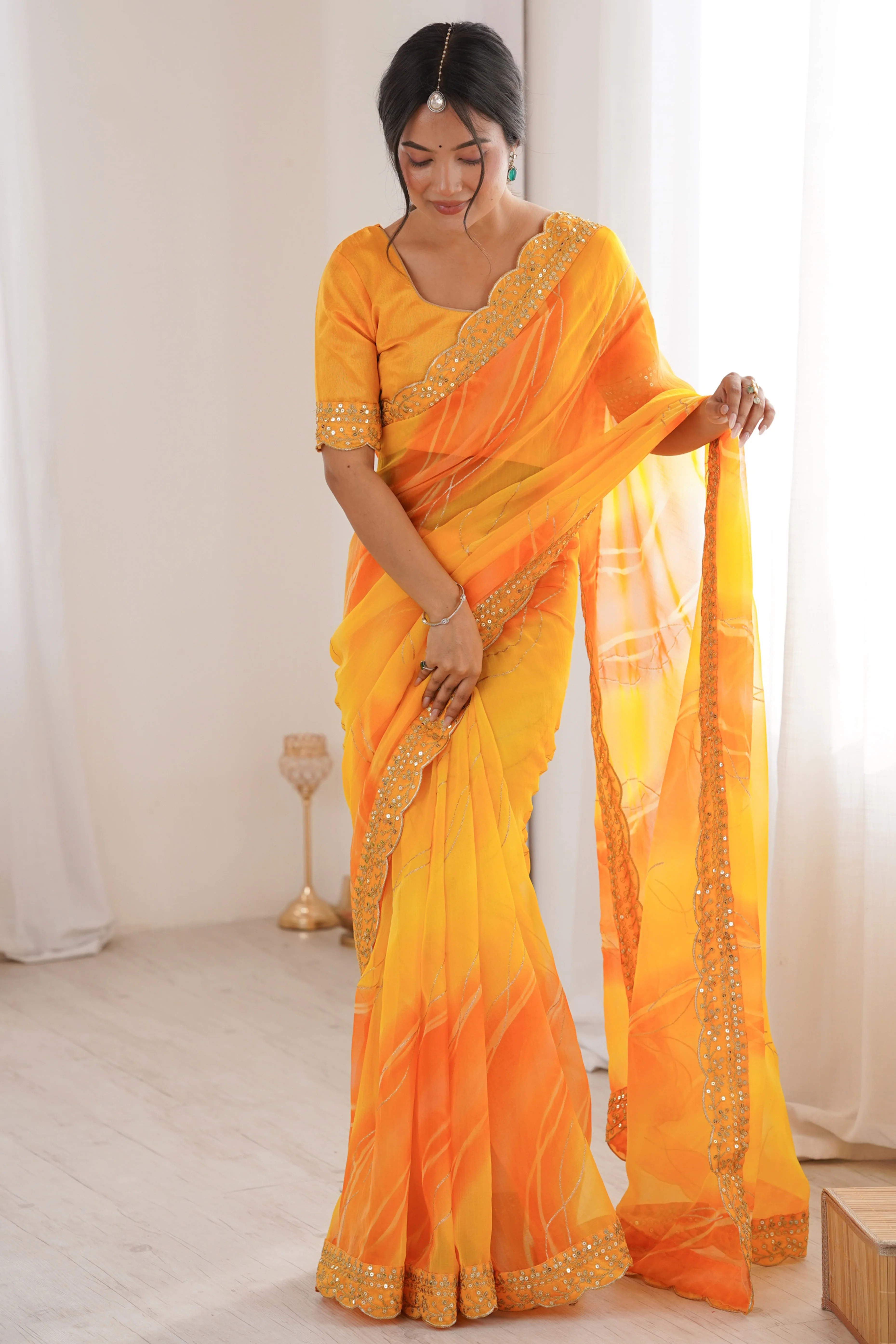 Graceful Yellow Foil Print Georgette Saree Featuring A Luxurious Cording Sequins Embroidered Border - Image 3