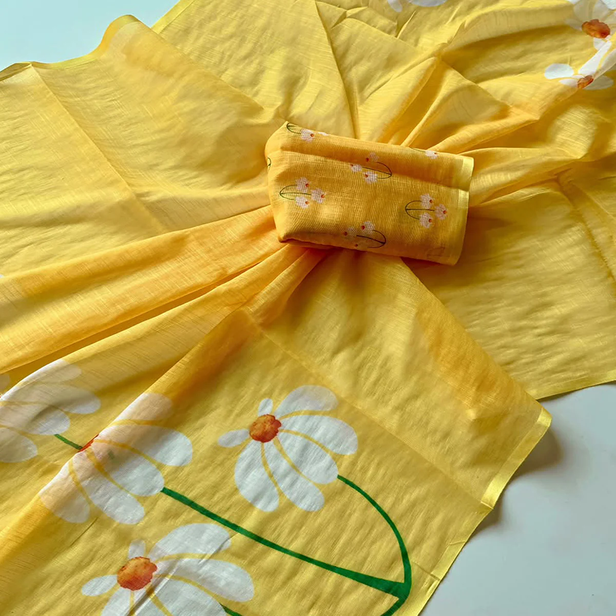 Graceful Yellow Linen Cotton Saree with Stylish Floral Prints for Effortless Elegance - Image 2