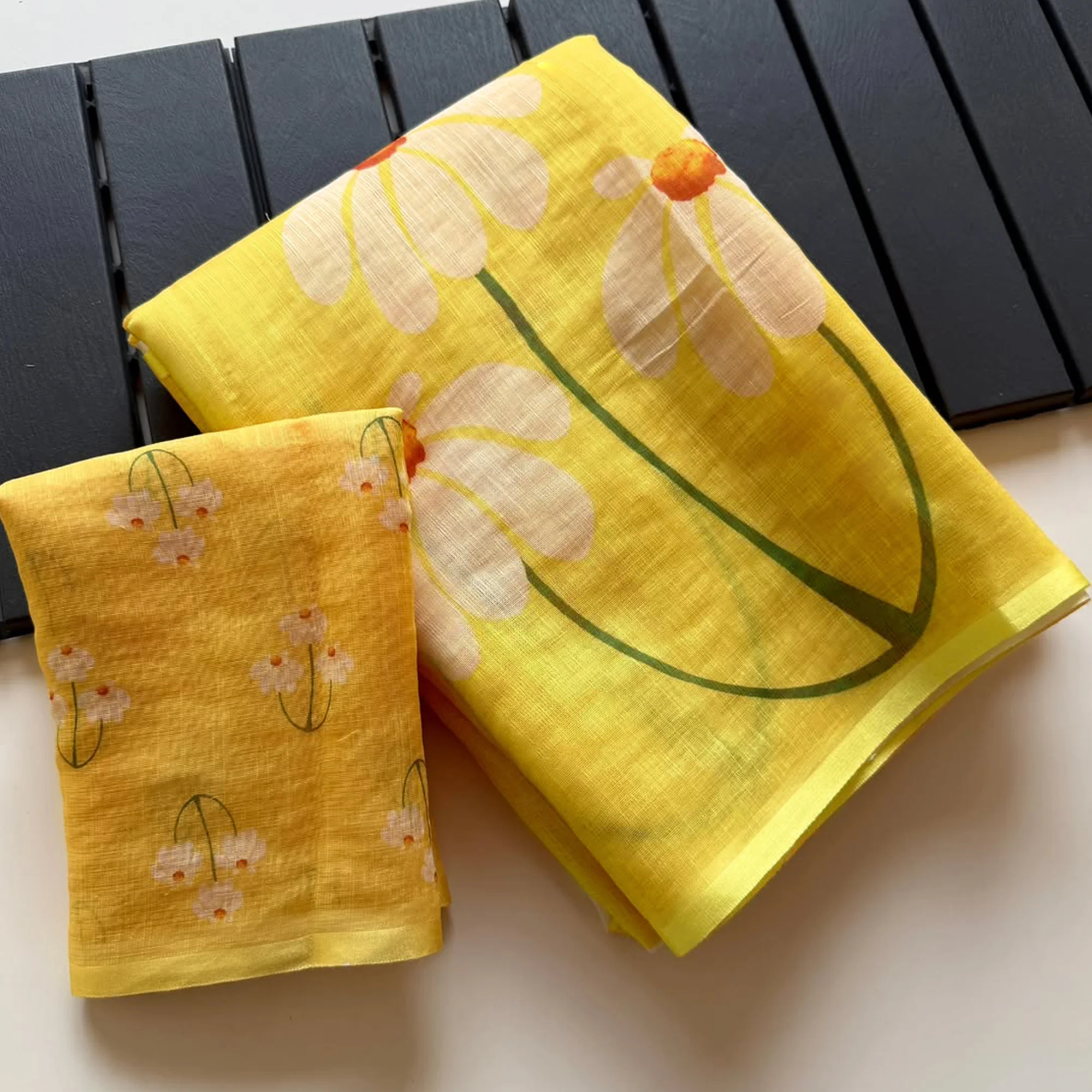 Graceful Yellow Linen Cotton Saree with Stylish Floral Prints for Effortless Elegance - Image 3