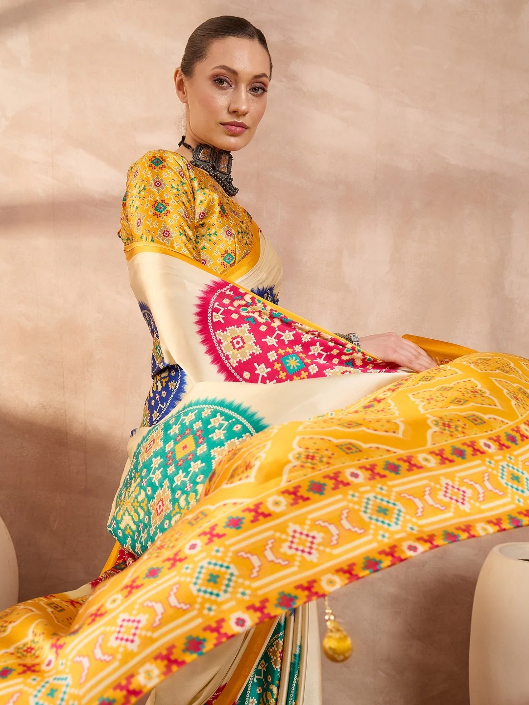 Graceful Yellow Satin Saree with Allover Print and Designer Blouse - Image 6