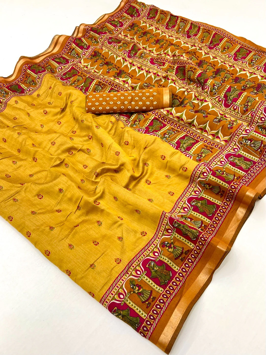 Graceful Yellow Viscose Saree with Ethnic Print and Golden Border - Image 3