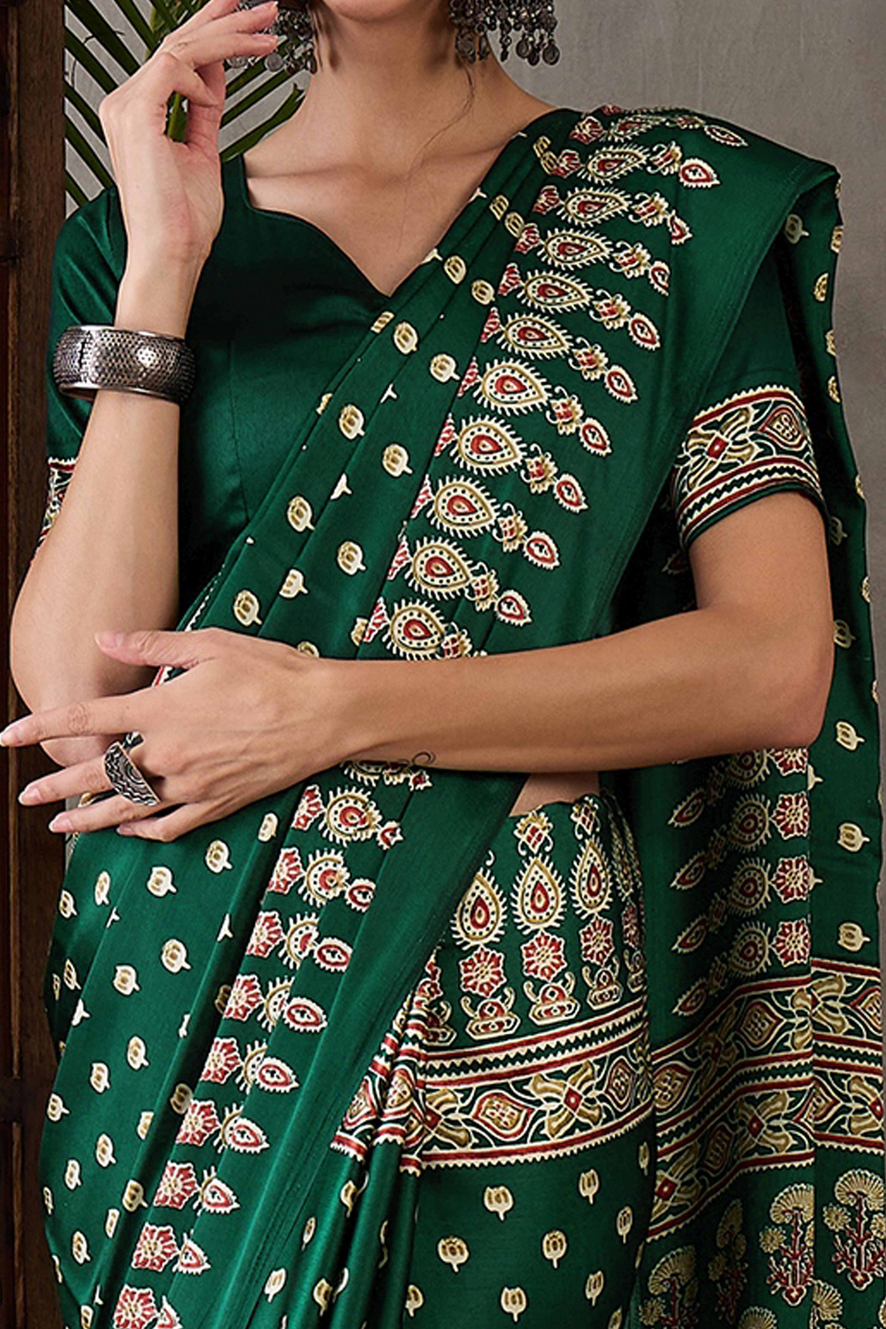 Green Ajrakh Inspired Printed Modal Satin Saree for Party Occasions - Image 2