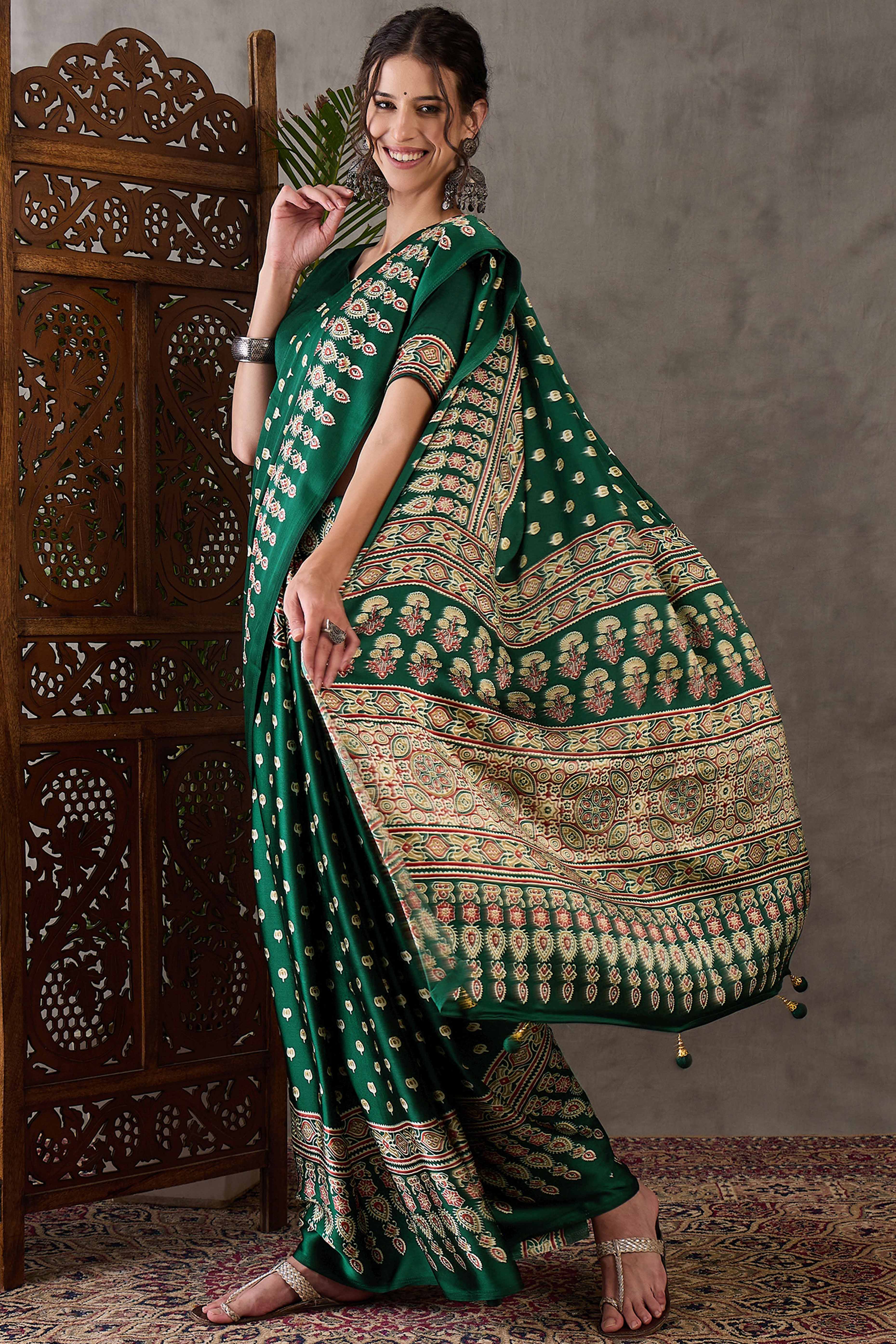 Green Ajrakh Inspired Printed Modal Satin Saree for Party Occasions - Image 3