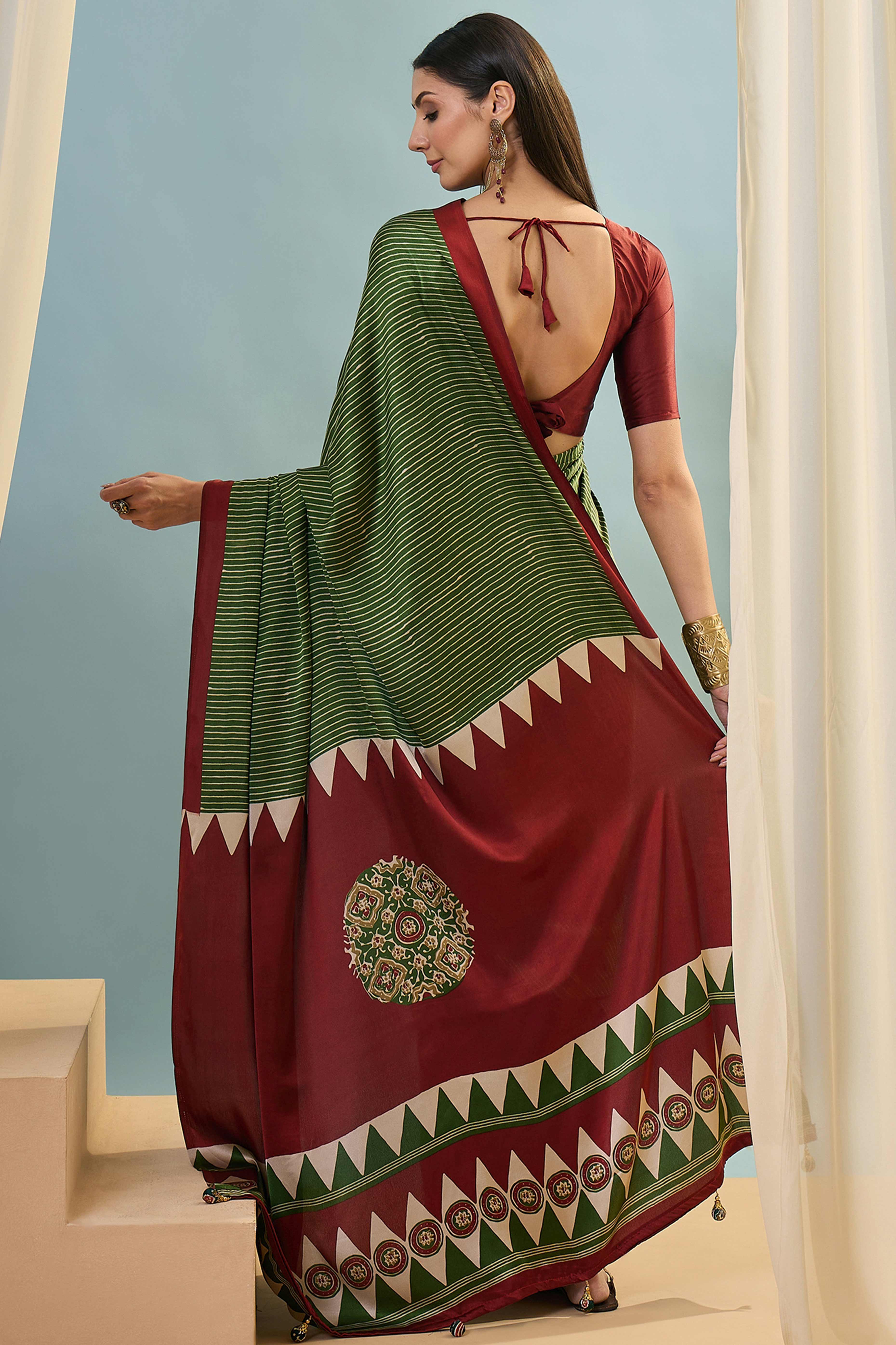 Green Ajrakh Print Satin Saree With Traditional Charm - Image 5