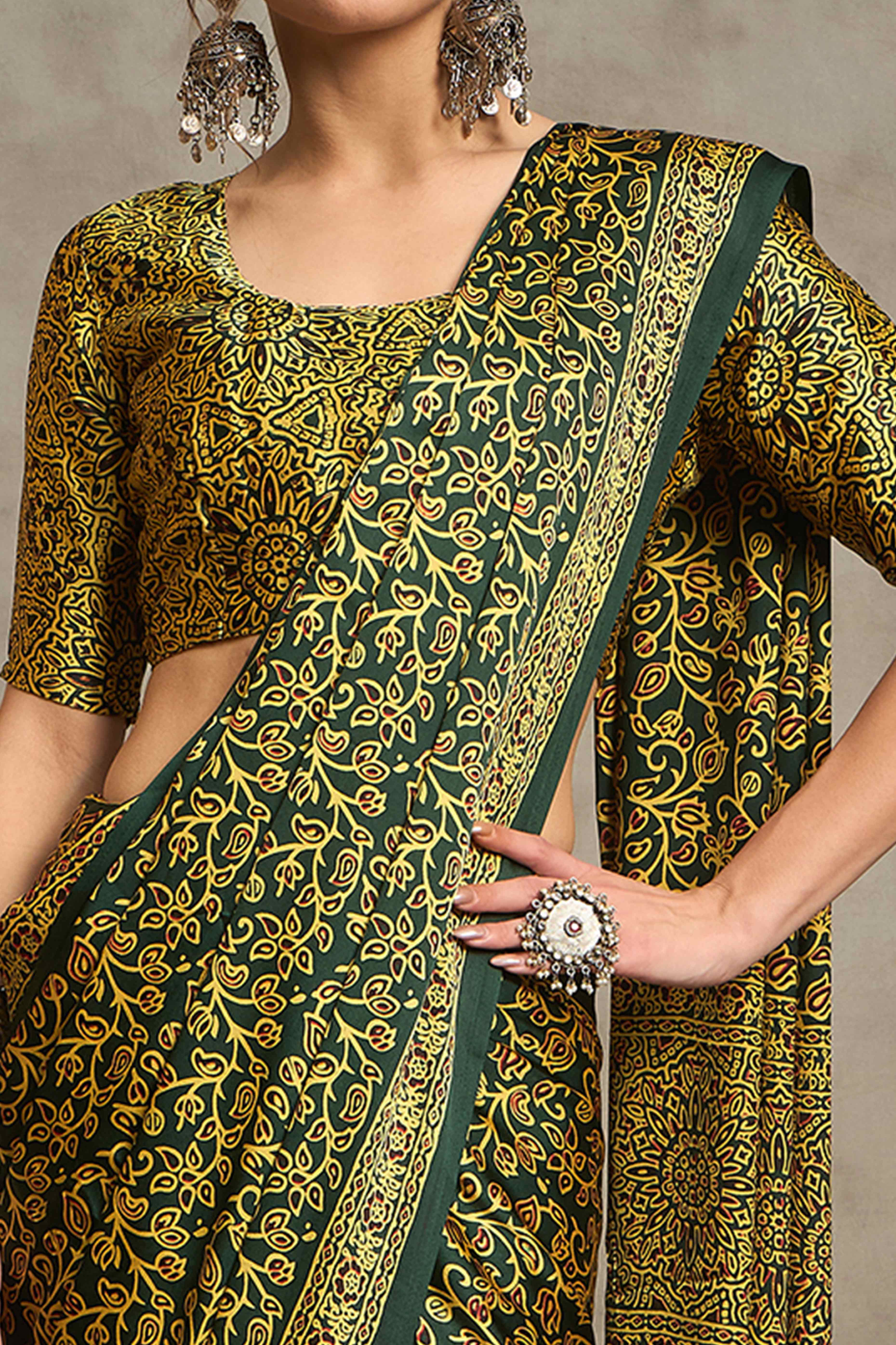 Green Ajrakh Print Satin Saree with Traditional Charm - Image 2